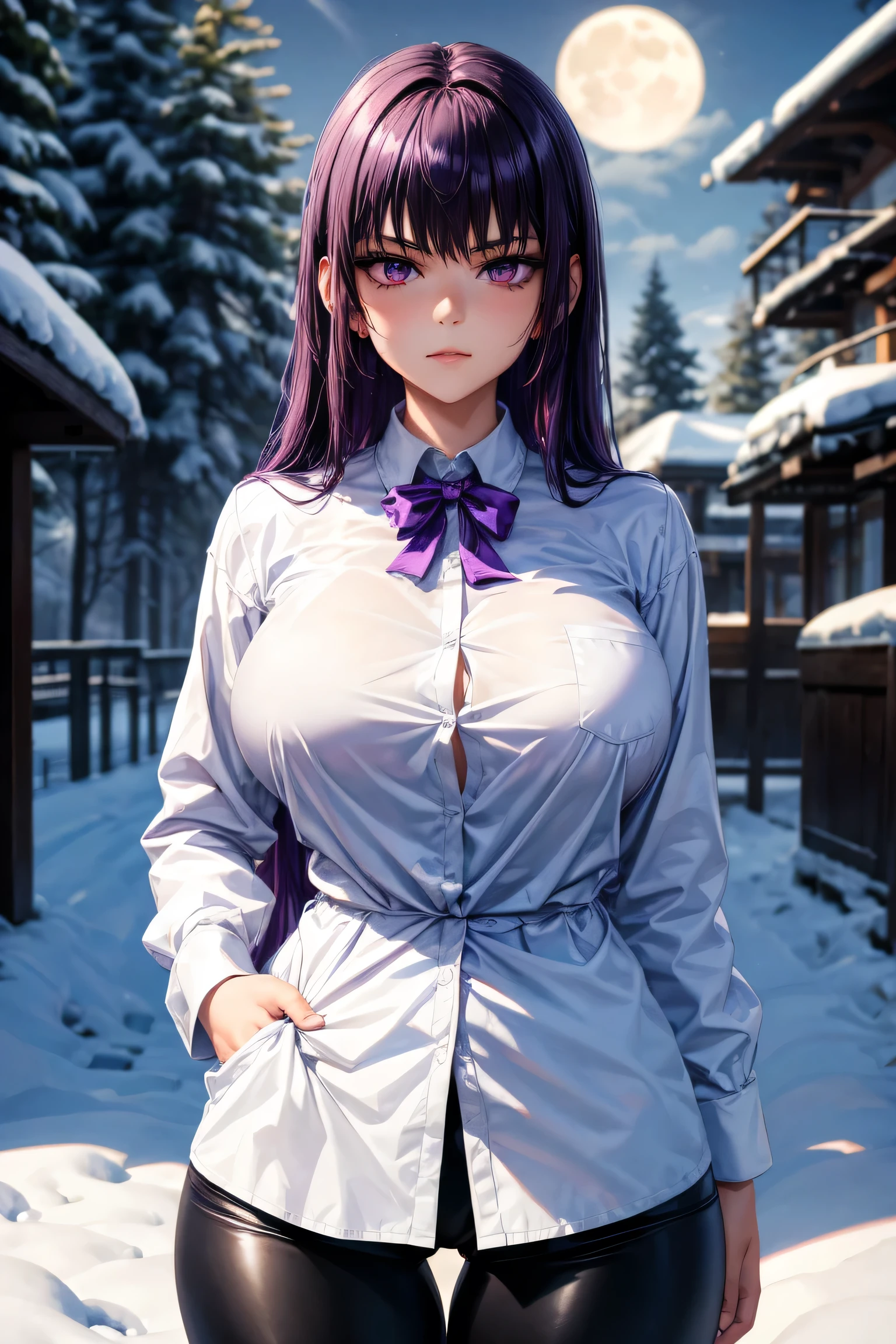 A girl, long purple hair, purple eyes, wearing a long sleeve white button up shirt, big breasts, shiny black tight leggings, Snowy forest, snow night, dark, Moonlight, absurd, high resolution, ultra-sharp, 8k, Masterpiece, front view, looking at the viewer