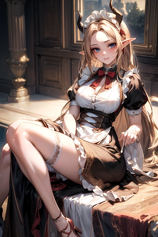 ((best quality)), ((Masterpiece)), (details:1.4), ((Enrich the picture，Masterpiece level quality)), Beautiful 8K CG artwork, 3d, HDR (high dynamic range), ne female adult elf with demon horns and dark blonde long hair and visible forehead wearing a beautiful maid dress, maid attire, maid dress, full body, adult face, forehead, beautiful maid dress, detailed maid dress with red ribbons