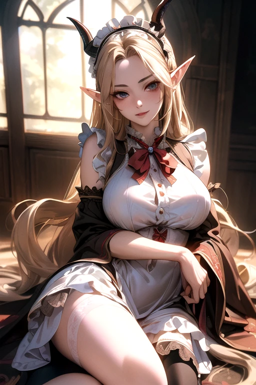 ((best quality)), ((Masterpiece)), (details:1.4), ((Enrich the picture，Masterpiece level quality)), Beautiful 8K CG artwork, 3d, HDR (high dynamic range), ne female adult elf with demon horns and dark blonde long hair and visible forehead wearing a beautiful maid dress, maid attire, maid dress, full body, adult face, forehead, beautiful maid dress, detailed maid dress with red ribbons