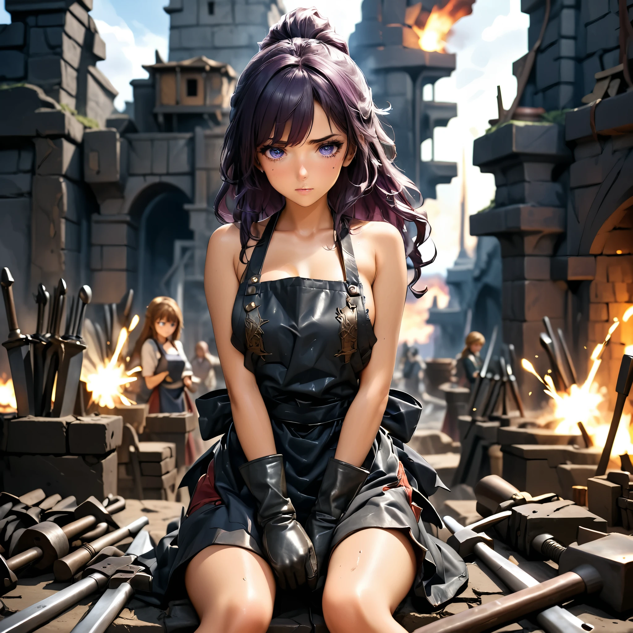 Masterpiece, 4k, HDR, full HD, (best quality), (ultra detailed), (only), (extremely delicate and beautiful fabric), super complex ANIME TYPE, best quality, 1girl, very expressive eyes, deep purple hair , hyper beautiful face, purple hair, perfect anatomy, shiny, oily skin, full body, alone (shiny purple hair, long hair), looking at viewer, bright blue eyes, perfect hands, perfect legs, super detailed clothes, intricate clothes, A blacksmith girl in an RPG world is at her forge, surrounded by shiny tools and metals. SHe wears a leather apron over hER sturdy clothing, with heavy gloves covering her hands. SHer hair is tied in a high ponytail, and the heat of the forge illuminates her focused face. With hammer in hand, she forcefully strikes an incandescent sword on the anvil, creating sparks that fly around her. In the background, finished weapons and armor adorn the walls, demonstrating their skill. The metallic sound and intense heat contrast with her determined expression, as she works to forge the best weapon for the next hero who visits her workshop.