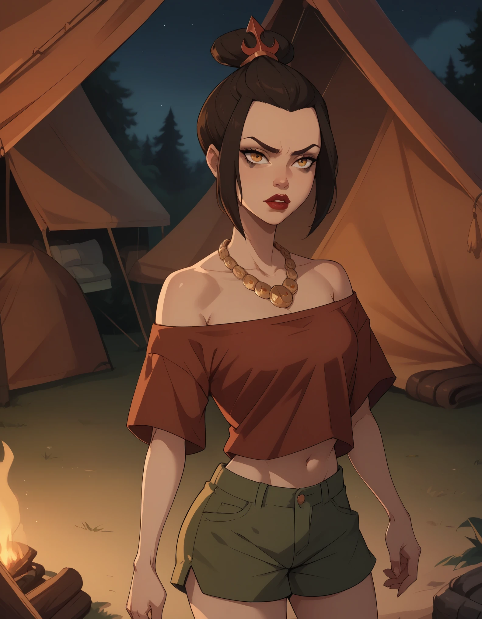 Azula. black mascara and red lipstick.  wavy dark brown hair down to the middle of the back with two additional strands above the shoulders. amber eyes. necklace. camp. tent. night. shorts. shirt. the view from the back. mother and daughter