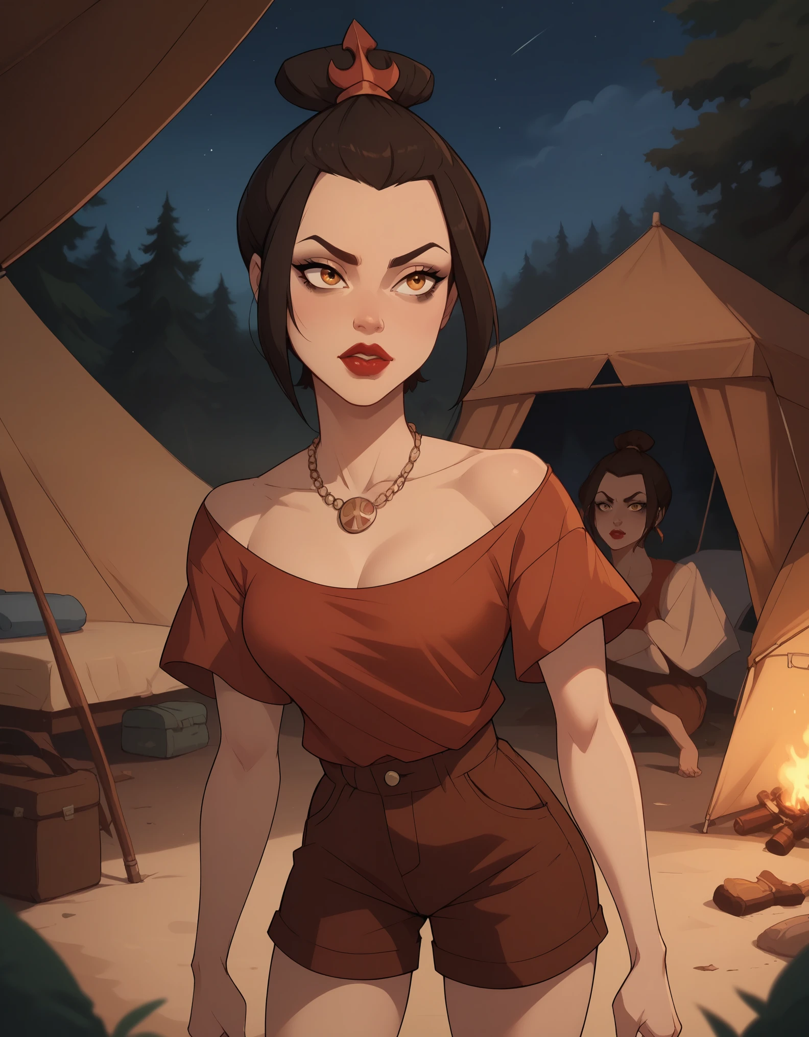 Azula. black mascara and red lipstick.  wavy dark brown hair down to the middle of the back with two additional strands above the shoulders. amber eyes. necklace. camp. tent. night. shorts. shirt. the view from the back. mother and daughter