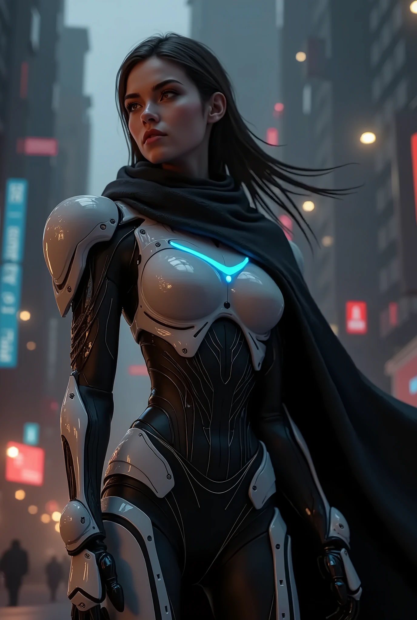 Busty curvy woman gazing into the distance, metallic skin, glowing blue eyes, sleek silver armor, futuristic technology, dystopian cityscape, vibrant neon lights, hazy atmosphere, dynamic pose, powerful stance, high-resolution details, photorealistic rendering, cyberpunk style, cool color tones, dramatic lighting, nipple shape in armor