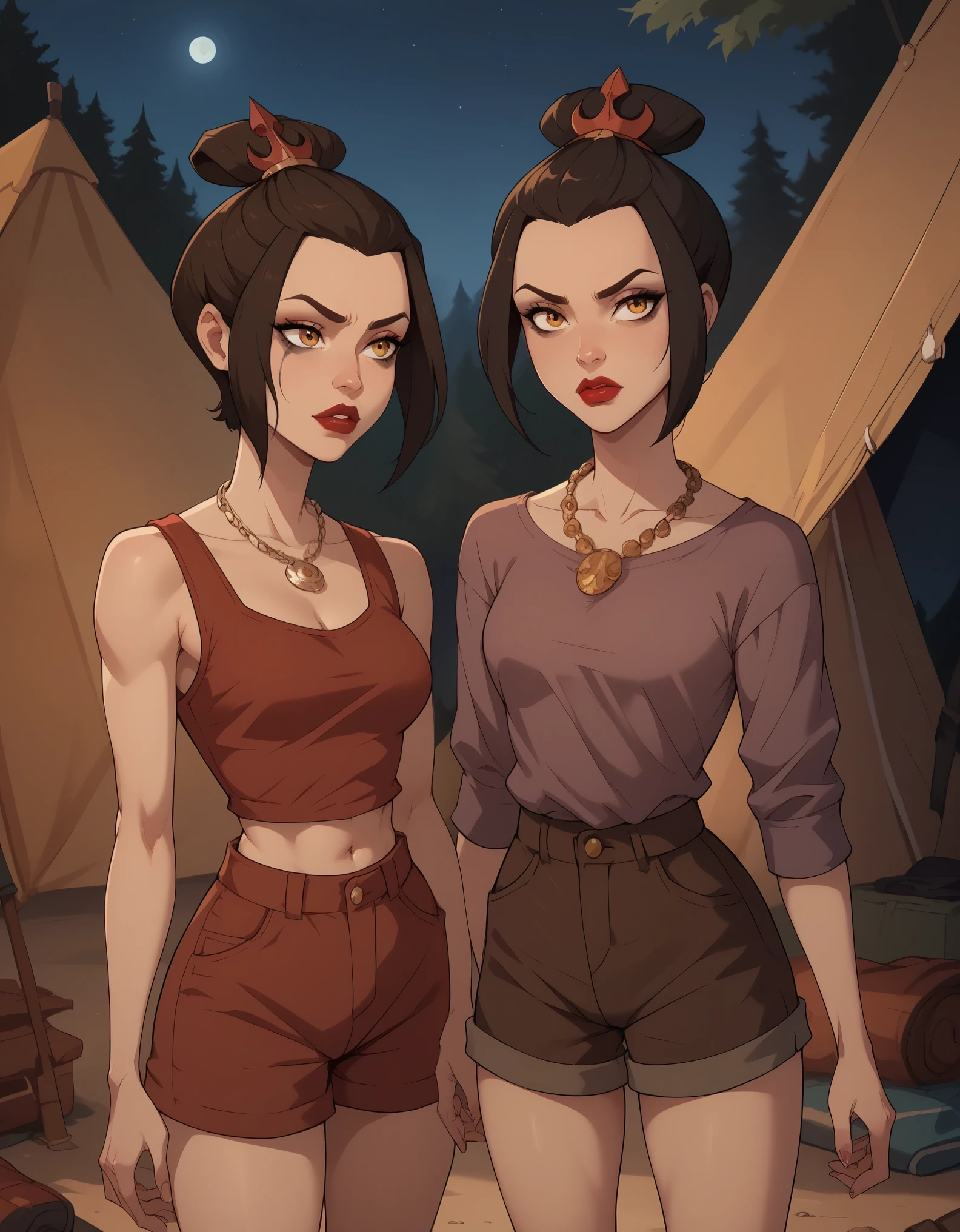 Azula. black mascara and red lipstick.  wavy dark brown hair down to the middle of the back with two additional strands above the shoulders. amber eyes. necklace. camp. tent. night. shorts. shirt. the view from the back. mother and daughter