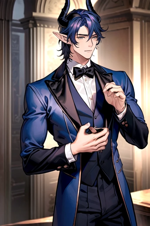 ((best quality)), ((Masterpiece)), (details:1.4), ((Enrich the picture，Masterpiece level quality)), Beautiful 8K CG artwork, 3d, HDR (high dynamic range) male adult elf with long dark blue hair, demon horns and big muscle wearing a butler uniform, buttler attire