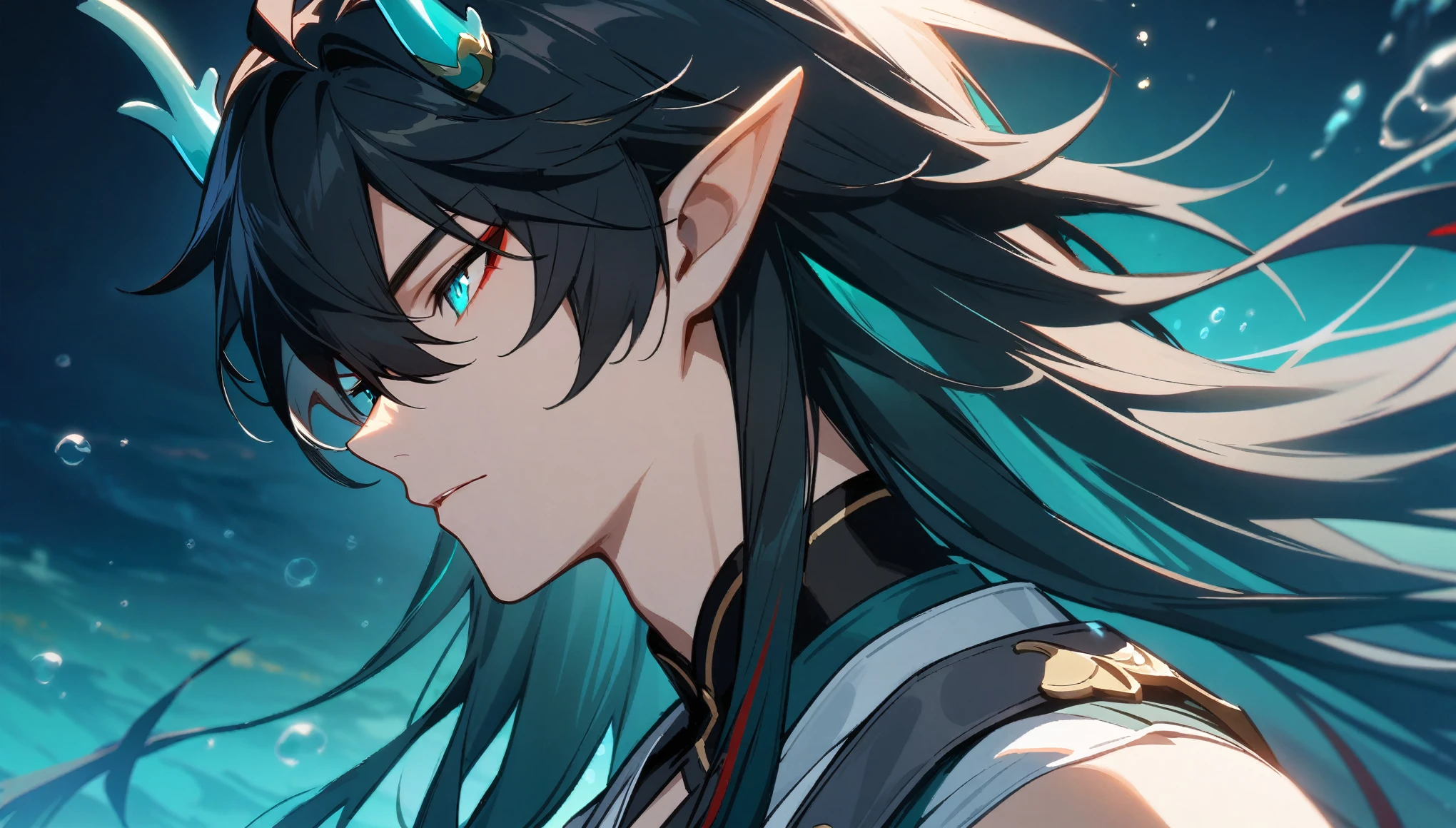 1boy, dan heng, imbibitor lunae, dan heng IL, honkai star rail, elf ears, long hair, black hair, horns, underwater, dark green background, hd eyes, close up, dynamic angle, facing left, (beautiful and aesthetic:1. 5), best quality, high quality,  super detail, best quality, ultra-detailed,dynamic lighting, HD,