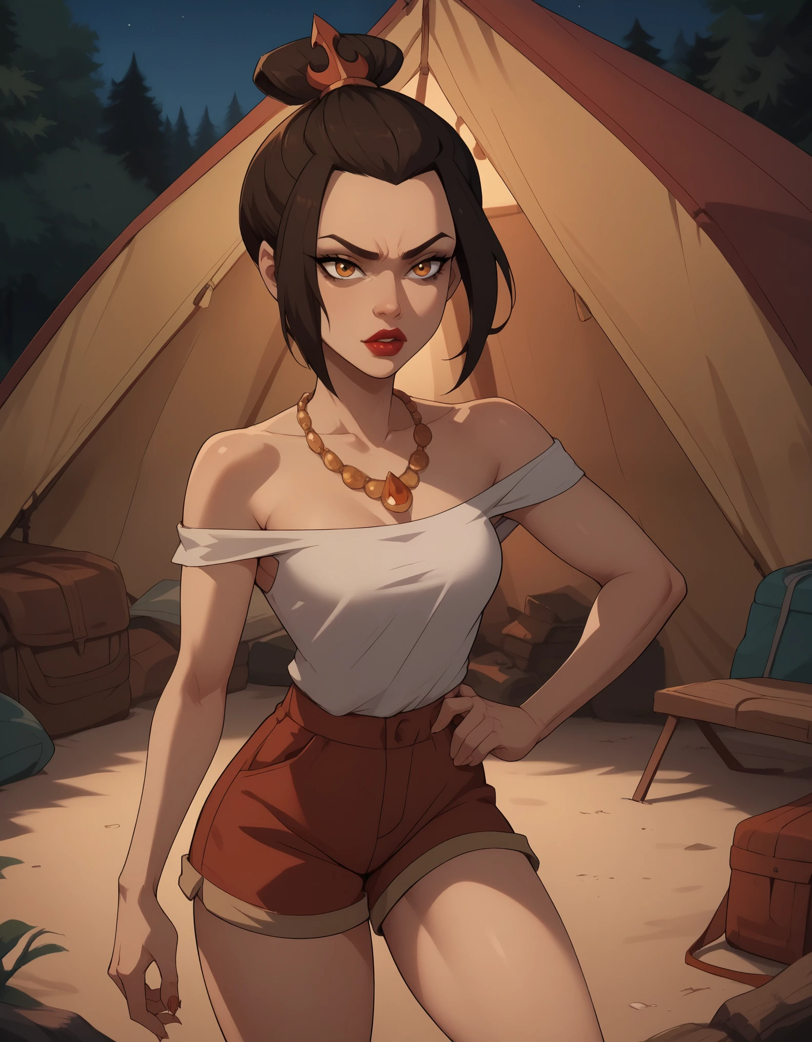 Azula. black mascara and red lipstick.  wavy dark brown hair down to the middle of the back with two additional strands above the shoulders. amber eyes. necklace. camp. tent. night. shorts. shirt. the view from the back. mother and daughter