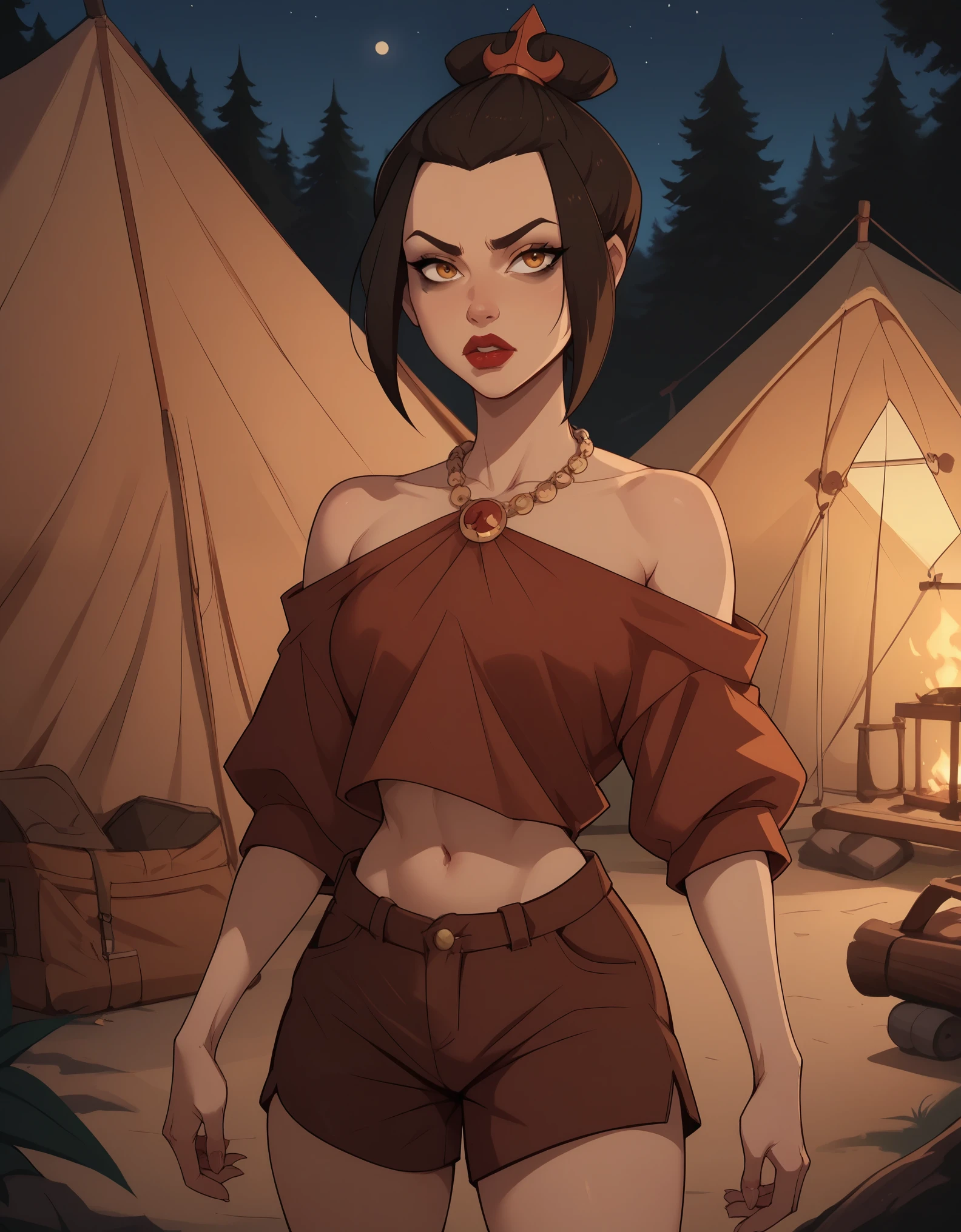 Azula. black mascara and red lipstick.  wavy dark brown hair down to the middle of the back with two additional strands above the shoulders. amber eyes. necklace. camp. tent. night. shorts. shirt. the view from the back. mother and daughter