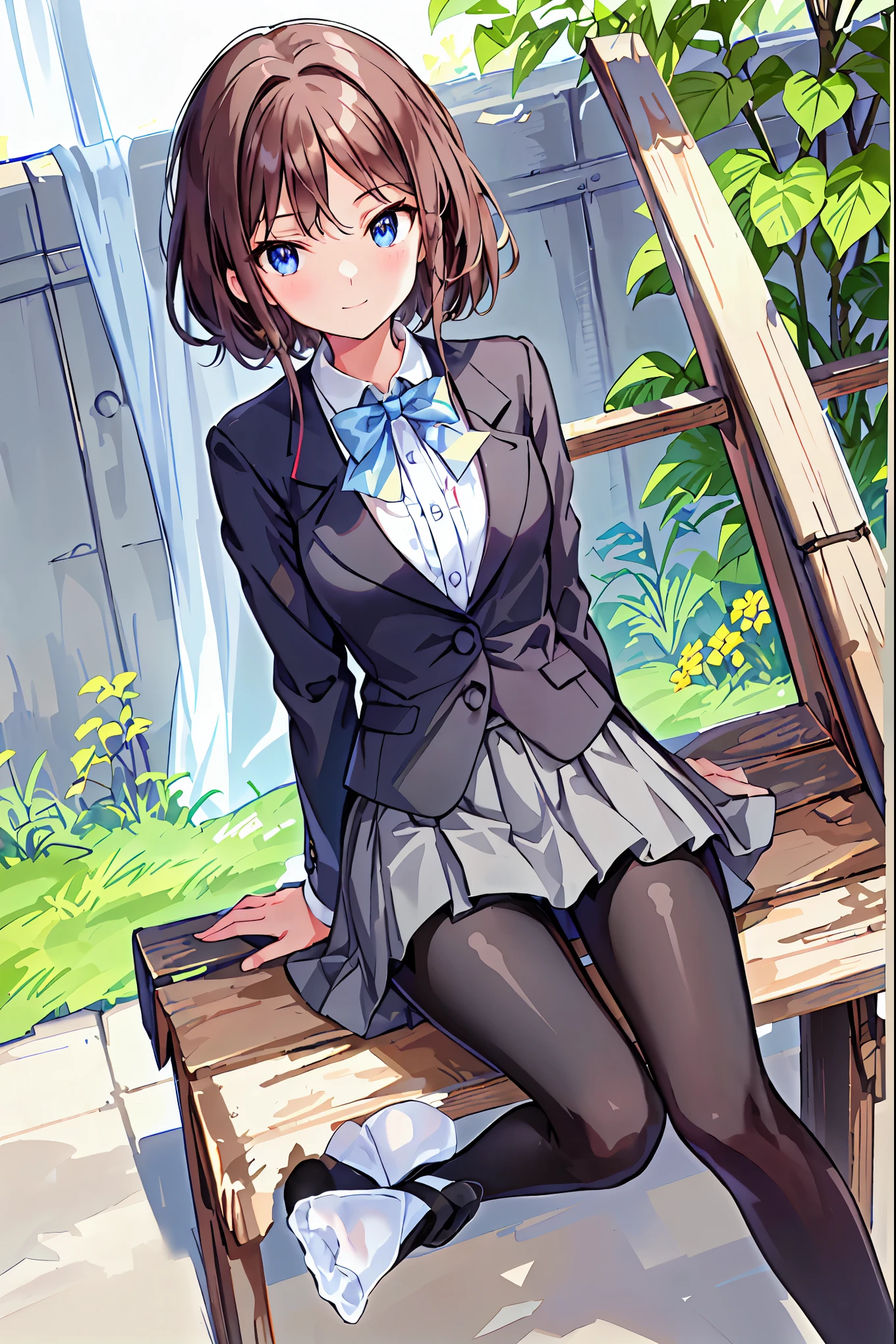 Best Quality, masterpiece, High resolution, (Head to Toe full body), Front, frontComposition from slightly below, Symmetric, Tall 18 year old, Alone, (Head to Toe), (Small breasts), Gaudy brown hair, bangs, (Black tights), (Black pantyhose), (Sit with your legs apart), (Crouching Stance), (Composition Showing white panties), (She has her legs spread and her white panties are visible.), (Sit on the floor with your legs spread), (M-shaped legs), Thin legs, とても美しくTall 18 year oldの女の子, (No shoes), , Shy and big-eyed, Looking at the camera, Blazer Uniform, Check Pleated Skirt，Brown Hair，Shortcuts，Messy Hair，Short braided hair，Neat，Slender beauty，A dignified posture，Small chest，Beautiful feet，Her captivating grey-blue eyes shine like stars，Vibrant colors,Beautiful Eyes,A delicate smile,Textured Skin,The best quality at its best,A kind and beautiful woman,Anime Style､((From the front:1.2)),