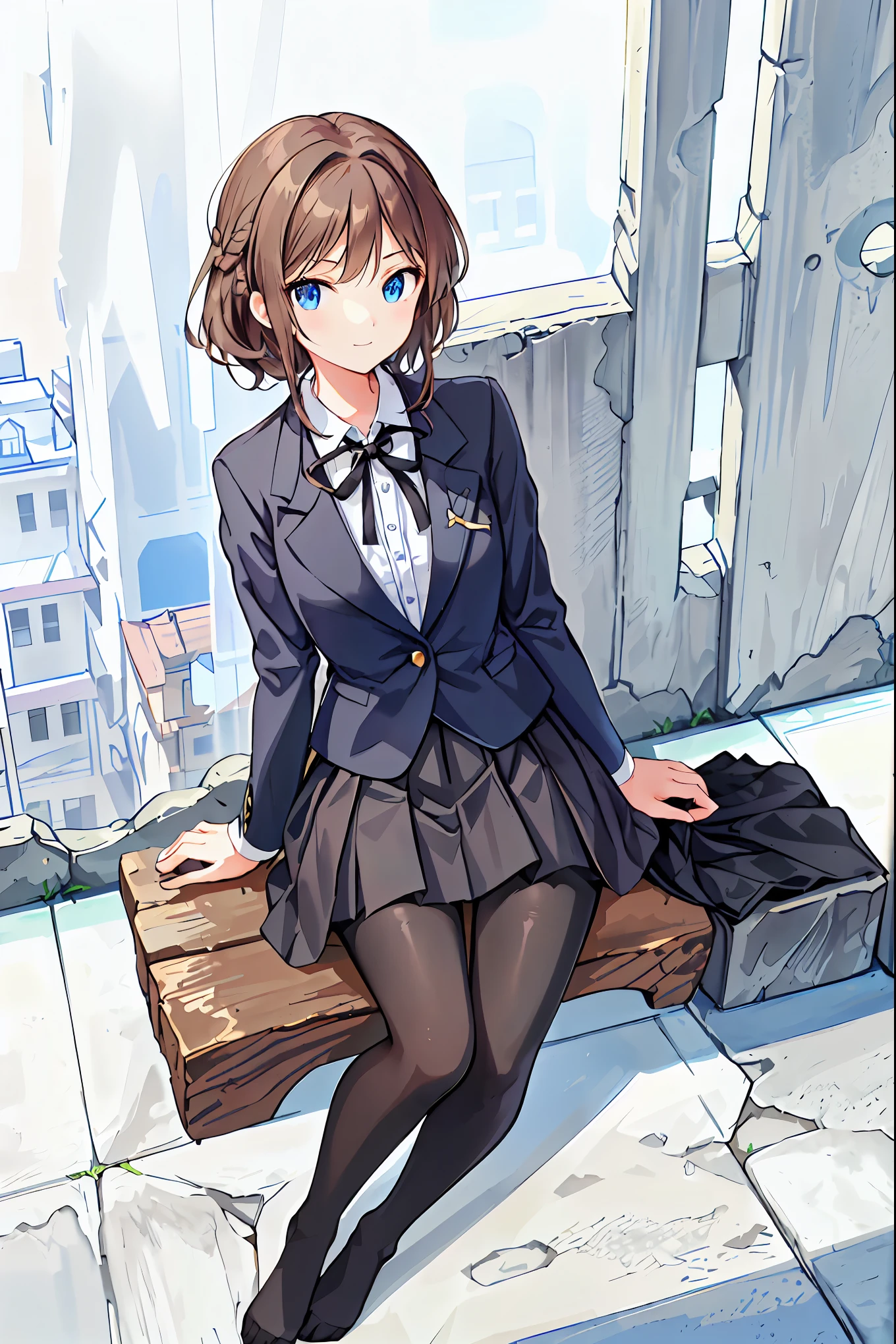 Best Quality, masterpiece, High resolution, (Head to Toe full body), Front, frontComposition from slightly below, Symmetric, Tall 18 year old, Alone, (Head to Toe), (Small breasts), Gaudy brown hair, bangs, (Black tights), (Black pantyhose), (Sit with your legs apart), (Crouching Stance), (Composition Showing white panties), (She has her legs spread and her white panties are visible.), (Sit on the floor with your legs spread), (M-shaped legs), Thin legs, とても美しくTall 18 year oldの女の子, (No shoes), , Shy and big-eyed, Looking at the camera, Blazer Uniform, Check Pleated Skirt，Brown Hair，Shortcuts，Messy Hair，Short braided hair，Neat，Slender beauty，A dignified posture，Small chest，Beautiful feet，Her captivating grey-blue eyes shine like stars，Vibrant colors,Beautiful Eyes,A delicate smile,Textured Skin,The best quality at its best,A kind and beautiful woman,Anime Style､((From the front:1.2)),