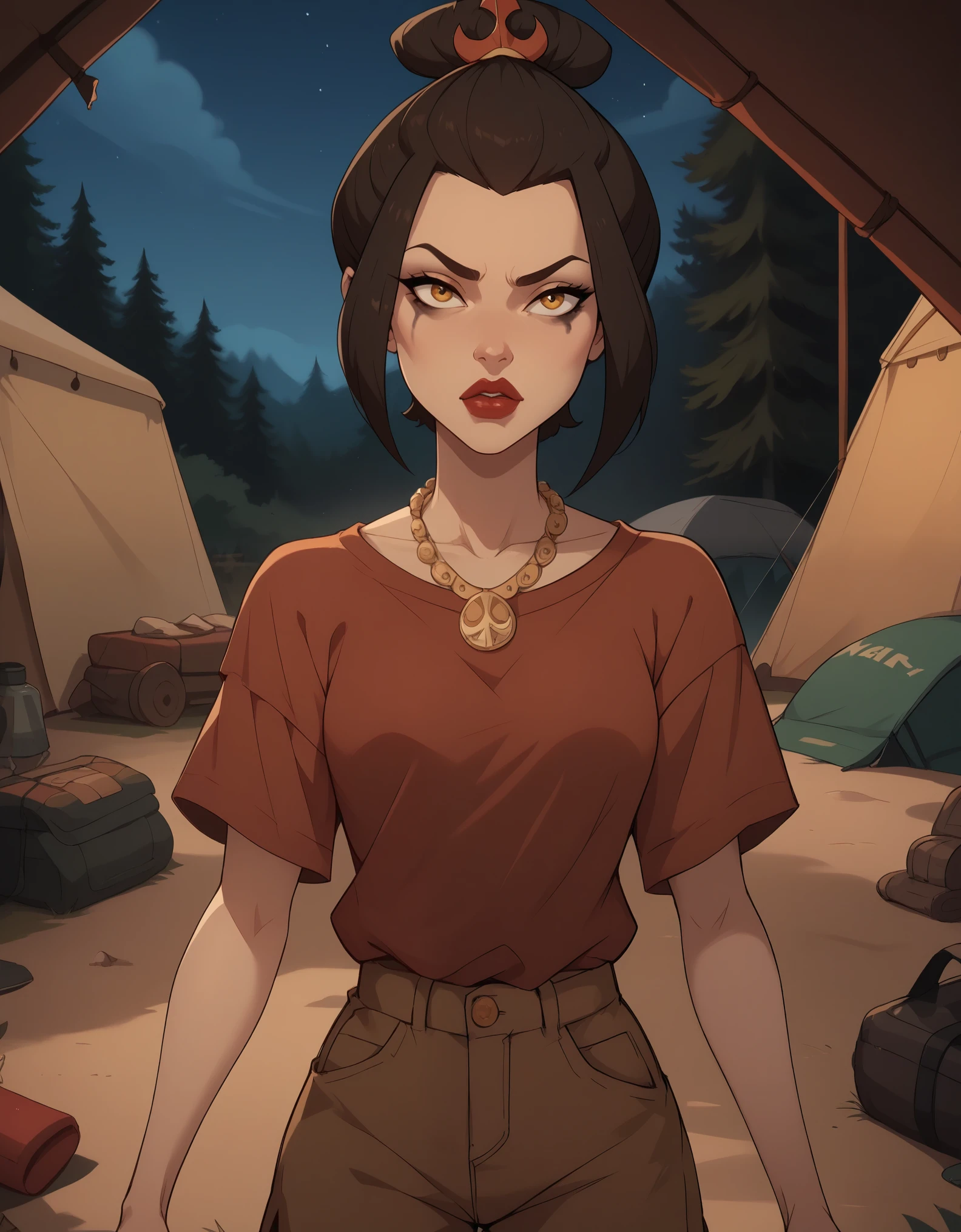 Azula. black mascara and red lipstick.  wavy dark brown hair down to the middle of the back with two additional strands above the shoulders. amber eyes. necklace. camp. tent. night. shorts. shirt. the view from the back. mother and daughter