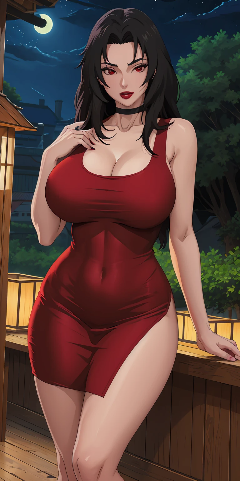 masterpiece, best quality, extremely detail 8k cg, high resolution, 1girl, mature female, RedTankTop_KurenaiYuhi_ownwaifu, 1girl, black hair, long hair, lipstick, makeup, red eyes, red lips, large breasts, lips, cleavage, red dress, short dress, collarbone, tank top, bare shoulders, choker, collarbone, titsonastick, beautiful face, night time, konohavillage, outdoors