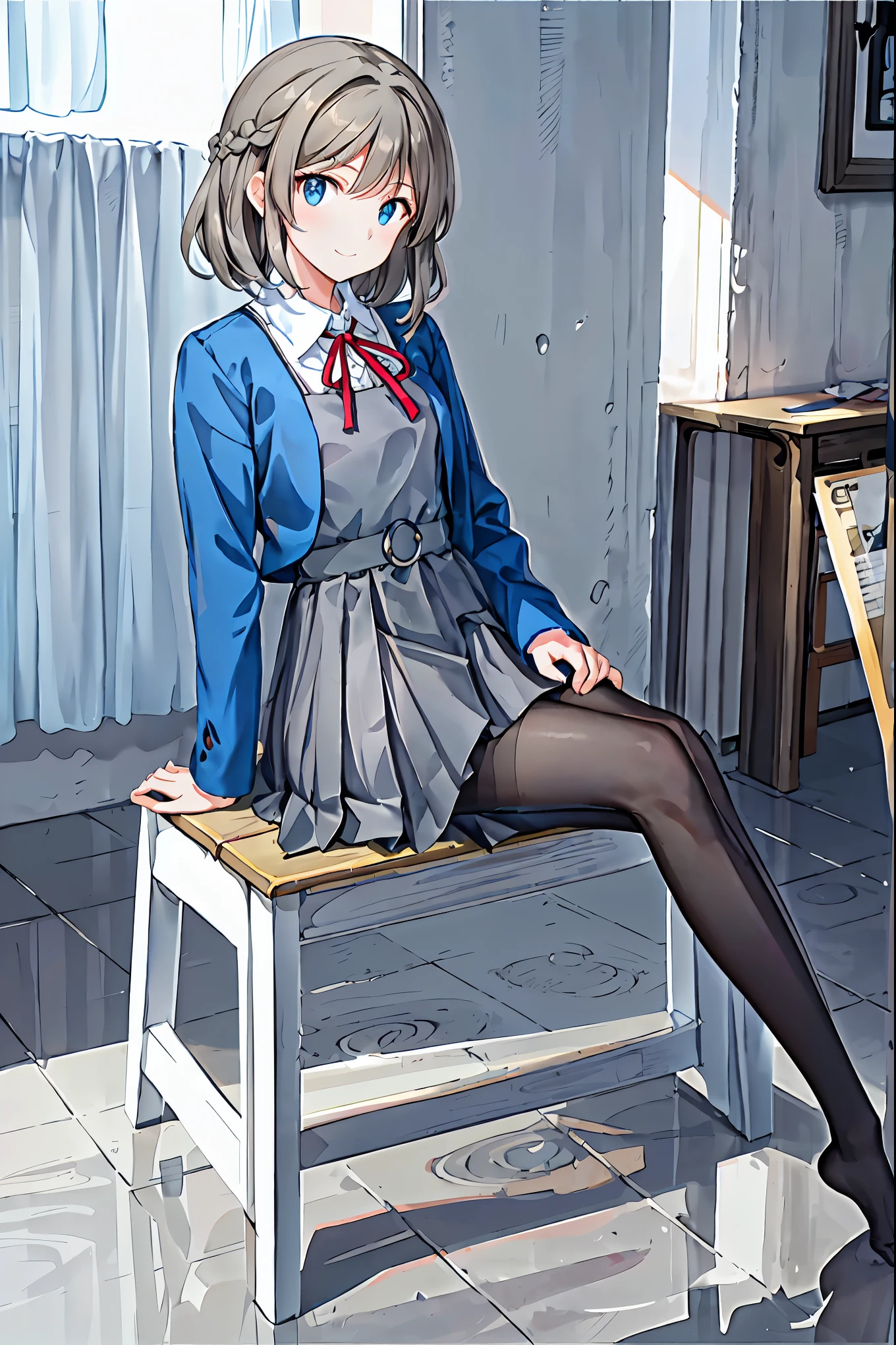 Best Quality, masterpiece, High resolution, (Head to Toe full body), Front, frontComposition from slightly below, Symmetric, Tall 18 year old, Alone, (Head to Toe), (Small breasts), Gaudy brown hair, bangs, (Black tights), (Black pantyhose), (Sit with your legs apart), (Crouching Stance), (Composition Showing white panties), (She has her legs spread and her white panties are visible.), (Sit on the floor with your legs spread), (M-shaped legs), Thin legs, とても美しくTall 18 year oldの***, (No shoes), , Shy and big-eyed, Looking at the camera, Blazer Uniform, Check Pleated Skirt，Brown Hair，Shortcuts，Messy Hair，Short braided hair，Neat，Slender beauty，A dignified posture，Small chest，Beautiful feet，Her captivating grey-blue eyes shine like stars，Vibrant colors,Beautiful Eyes,A delicate smile,Textured Skin,The best quality at its best,A kind and beautiful woman,Anime Style､((From the front:1.2)),