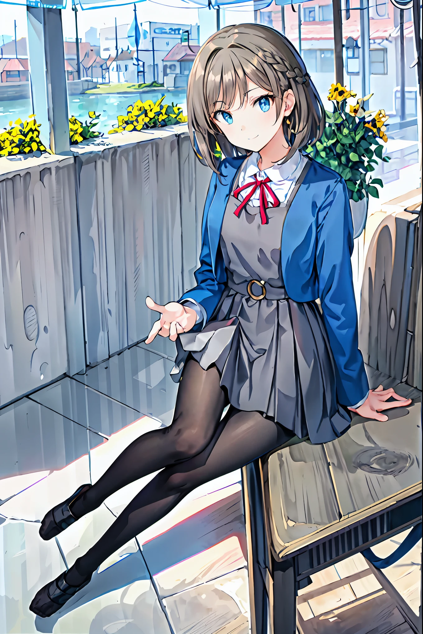 Best Quality, masterpiece, High resolution, (Head to Toe full body), Front, frontComposition from slightly below, Symmetric, Tall 18 year old, Alone, (Head to Toe), (Small breasts), Gaudy brown hair, bangs, (Black tights), (Black pantyhose), (Sit with your legs apart), (Crouching Stance), (Composition Showing white panties), (She has her legs spread and her white panties are visible.), (Sit on the floor with your legs spread), (M-shaped legs), Thin legs, とても美しくTall 18 year oldの***, (No shoes), , Shy and big-eyed, Looking at the camera, Blazer Uniform, Check Pleated Skirt，Brown Hair，Shortcuts，Messy Hair，Short braided hair，Neat，Slender beauty，A dignified posture，Small chest，Beautiful feet，Her captivating grey-blue eyes shine like stars，Vibrant colors,Beautiful Eyes,A delicate smile,Textured Skin,The best quality at its best,A kind and beautiful woman,Anime Style､((From the front:1.2)),