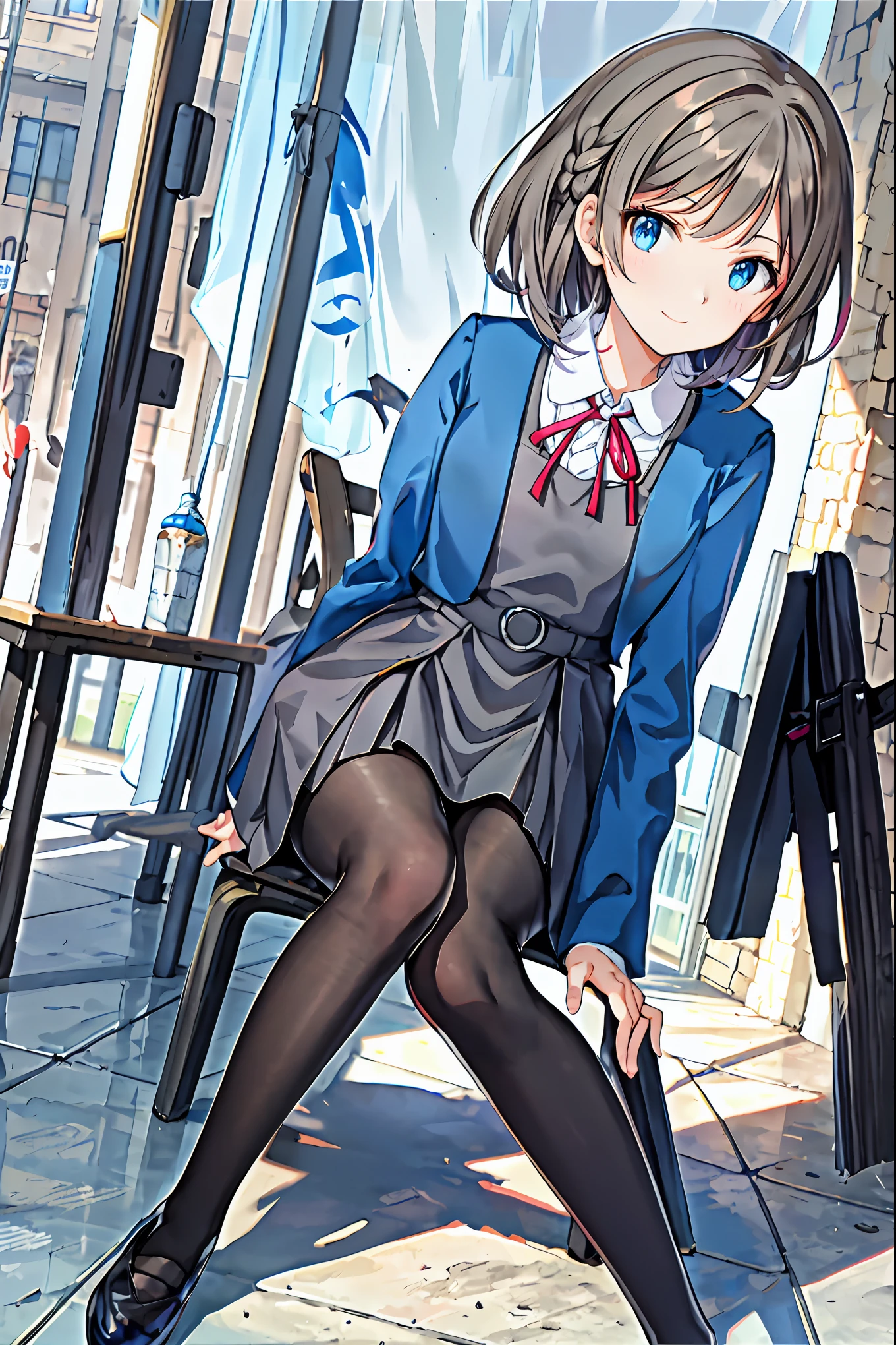 Best Quality, masterpiece, High resolution, (Head to Toe full body), Front, frontComposition from slightly below, Symmetric, Tall 18 year old, Alone, (Head to Toe), (Small breasts), Gaudy brown hair, bangs, (Black tights), (Black pantyhose), (Sit with your legs apart), (Crouching Stance), (Composition Showing white panties), (She has her legs spread and her white panties are visible.), (Sit on the floor with your legs spread), (M-shaped legs), Thin legs, とても美しくTall 18 year oldの***, (No shoes), , Shy and big-eyed, Looking at the camera, Blazer Uniform, Check Pleated Skirt，Brown Hair，Shortcuts，Messy Hair，Short braided hair，Neat，Slender beauty，A dignified posture，Small chest，Beautiful feet，Her captivating grey-blue eyes shine like stars，Vibrant colors,Beautiful Eyes,A delicate smile,Textured Skin,The best quality at its best,A kind and beautiful woman,Anime Style､((From the front:1.2)),