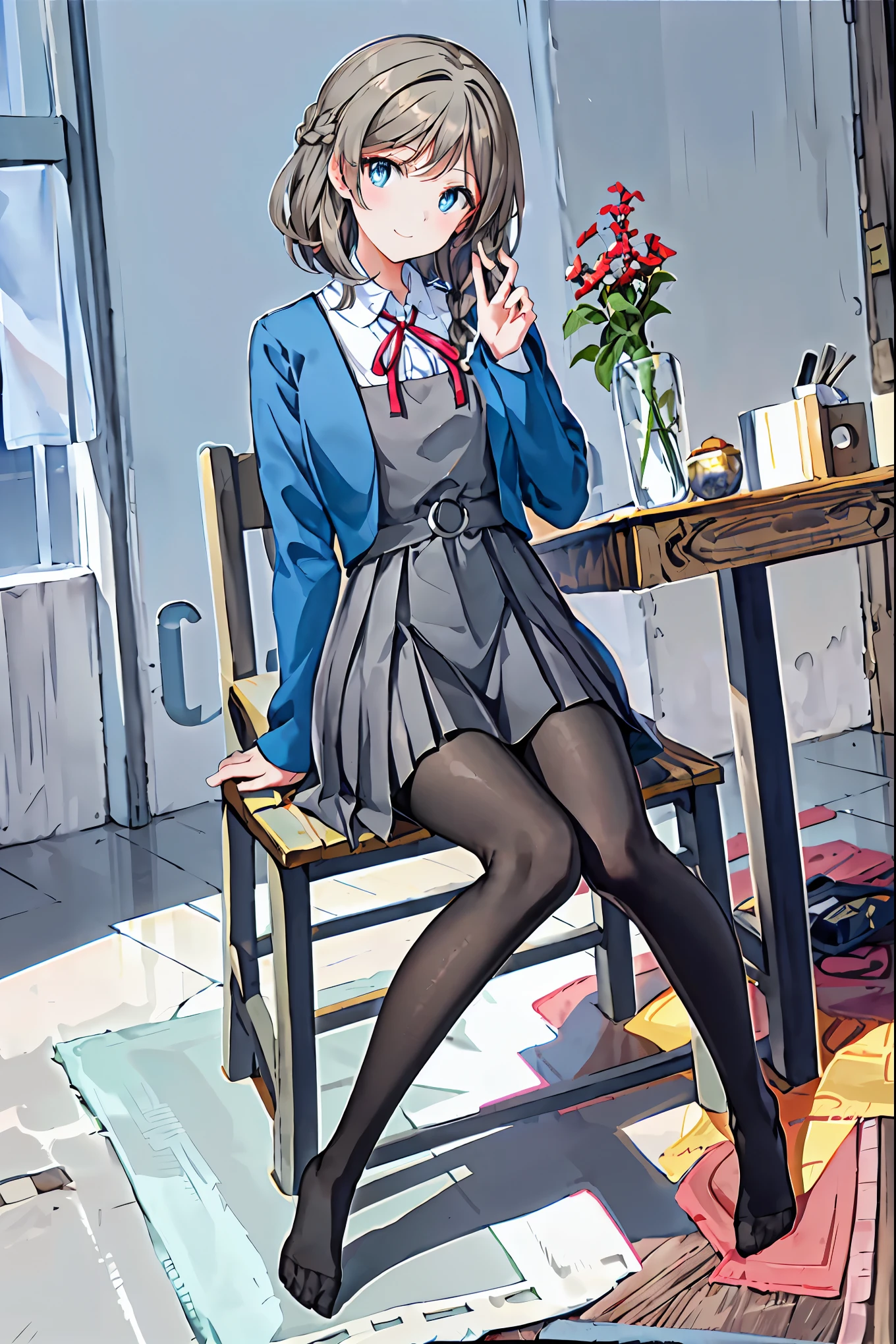 Best Quality, masterpiece, High resolution, (Head to Toe full body), Front, frontComposition from slightly below, Symmetric, Tall 18 year old, Alone, (Head to Toe), (Small breasts), Gaudy brown hair, bangs, (Black tights), (Black pantyhose), (Sit with your legs apart), (Crouching Stance), (Composition Showing white panties), (She has her legs spread and her white panties are visible.), (Sit on the floor with your legs spread), (M-shaped legs), Thin legs, とても美しくTall 18 year oldの***, (No shoes), , Shy and big-eyed, Looking at the camera, Blazer Uniform, Check Pleated Skirt，Brown Hair，Shortcuts，Messy Hair，Short braided hair，Neat，Slender beauty，A dignified posture，Small chest，Beautiful feet，Her captivating grey-blue eyes shine like stars，Vibrant colors,Beautiful Eyes,A delicate smile,Textured Skin,The best quality at its best,A kind and beautiful woman,Anime Style､((From the front:1.2)),