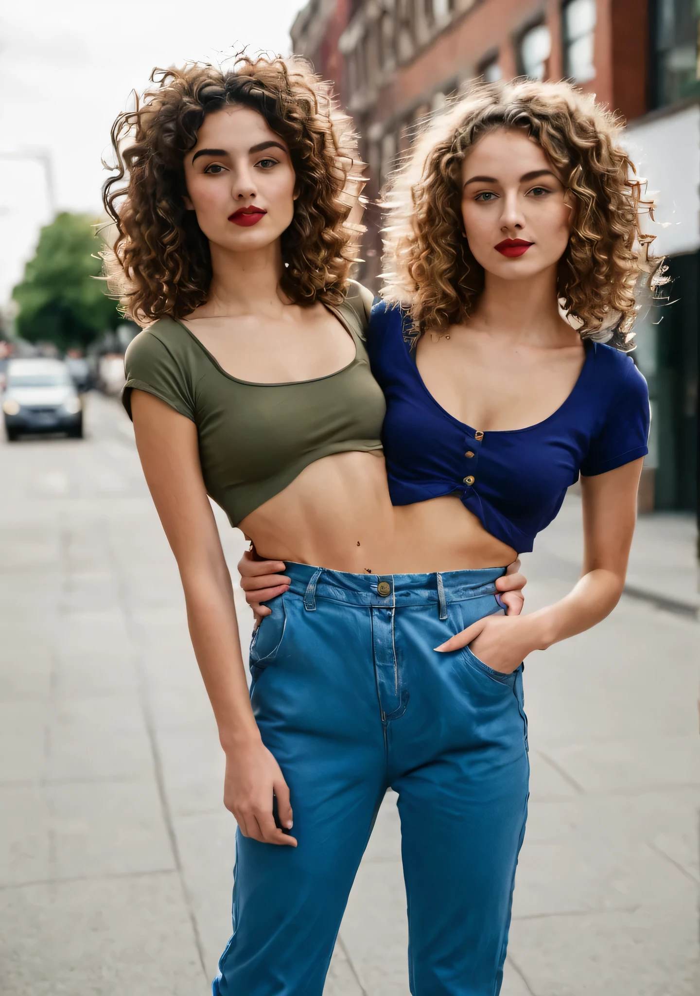 (two torsos:1.3), 2girls, holding waist, female couple, age 28, conjoined, leaning, holding waist, hipsters, curly hair, casual clothes, on the street
