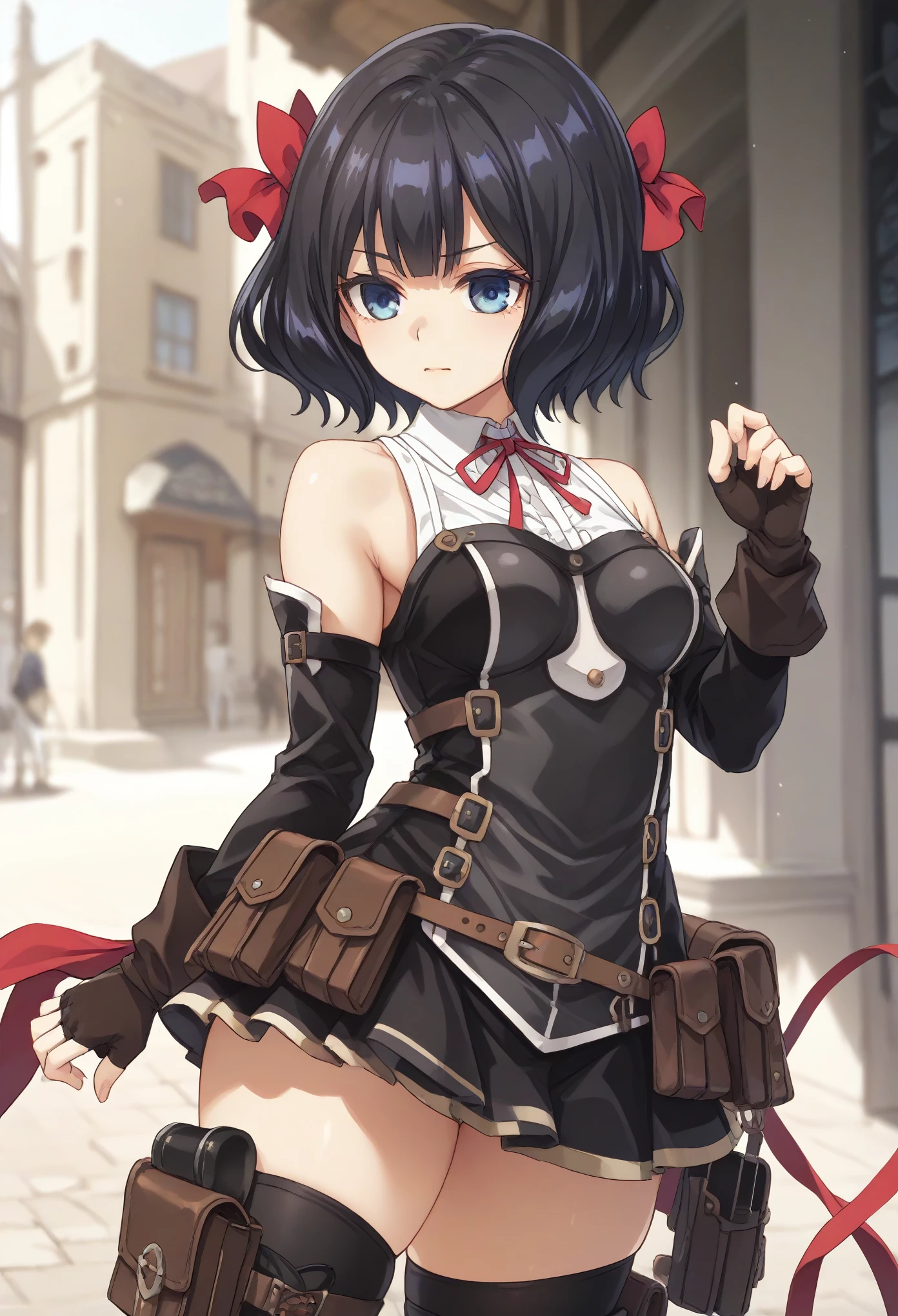 TinoShade
medium hair, black hair, blue eyes, hair bow, red bow
white shirt, collared shirt, neck ribbon, red ribbon, harness, grey dress, black dress, detached sleeves, brown gloves, fingerless gloves, brown belt, belt pouch, black thighhighs