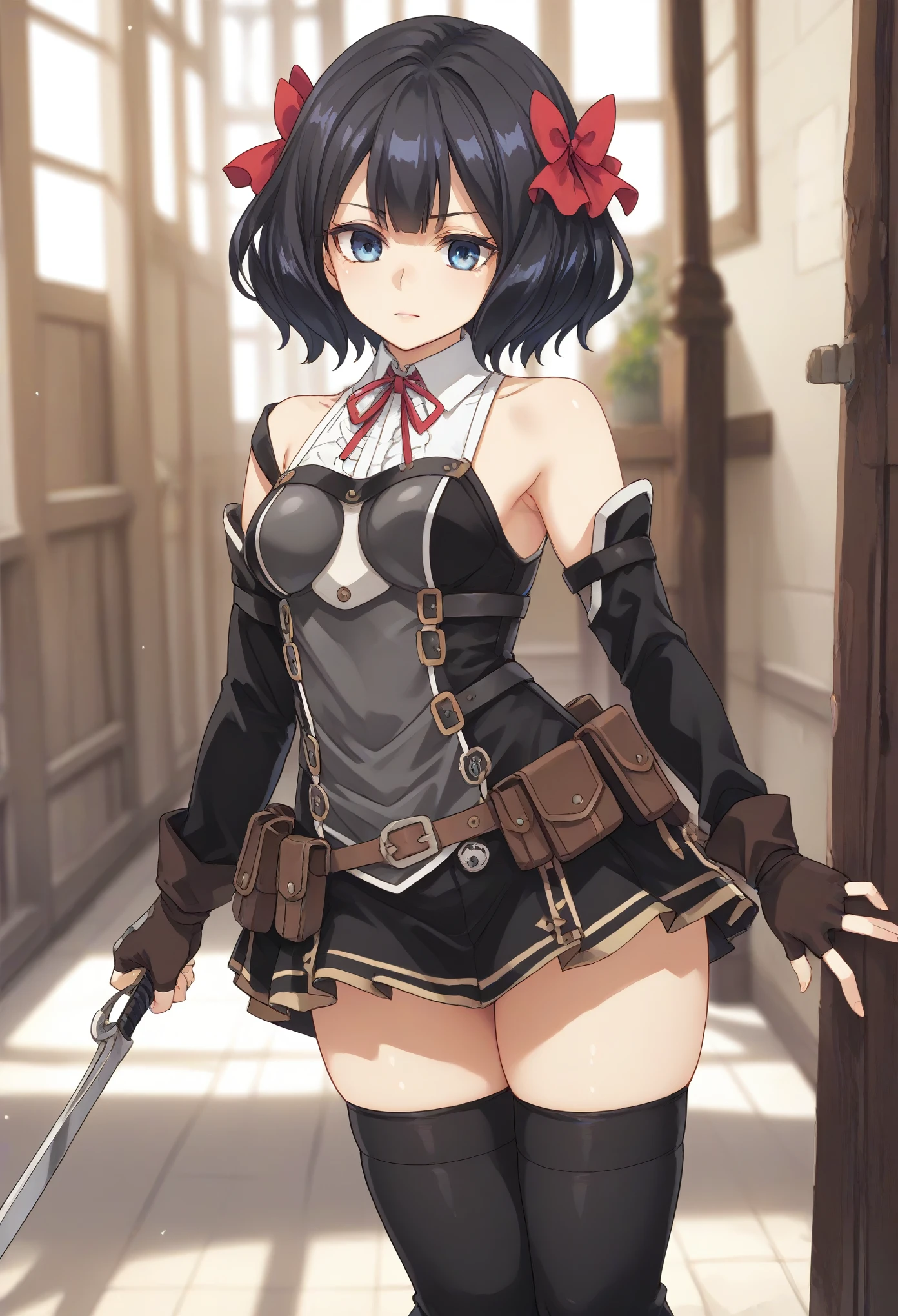 TinoShade
medium hair, black hair, blue eyes, hair bow, red bow
white shirt, collared shirt, neck ribbon, red ribbon, harness, grey dress, black dress, detached sleeves, brown gloves, fingerless gloves, brown belt, belt pouch, black thighhighs