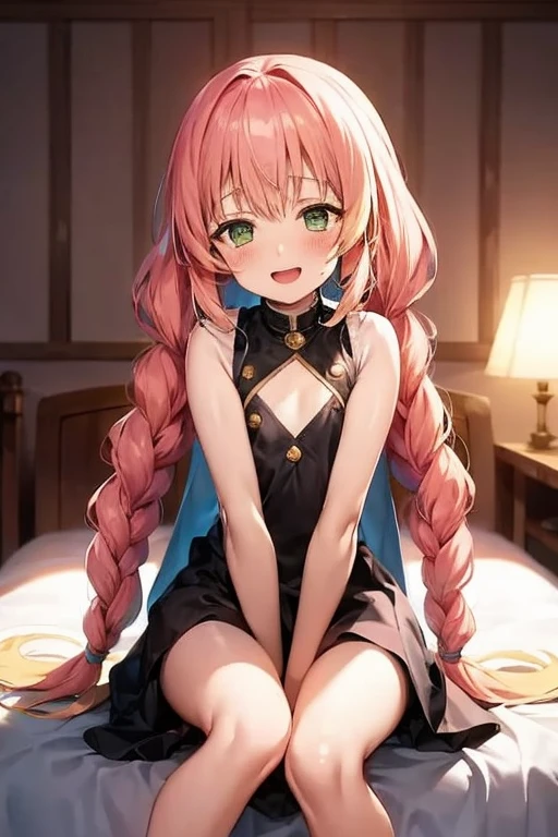 ((Best Quality)), ((masterpiece)), (be familiar with), Perfect Face, indoor, bedroom, Watching the audience,
One woman, Kanroji Mitsuri,
Open Mouth, Ecstatic expression, blush, smile,
Small breasts, Flat Chest, , , child, Girl,
Long Hair, Braids,
Leg spread,