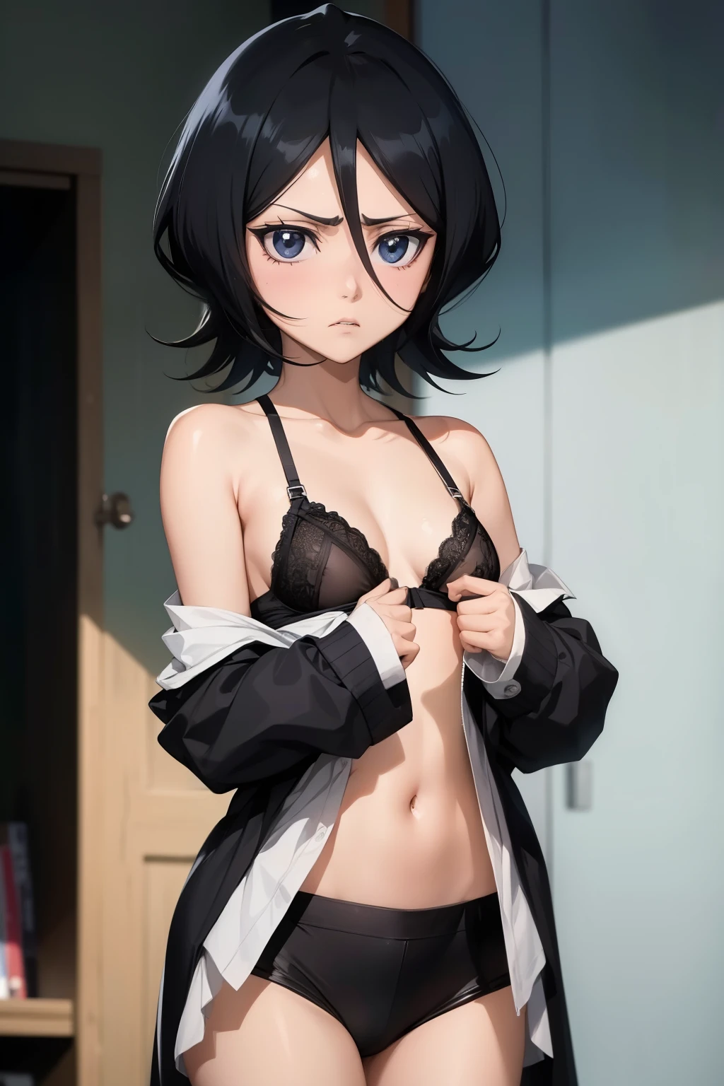 Rukia , anime , masterpiece , Black color hair, jaqueta aberta open clothes , bra, pantie , long socks, disappointed face angry , pircing no umbigo.