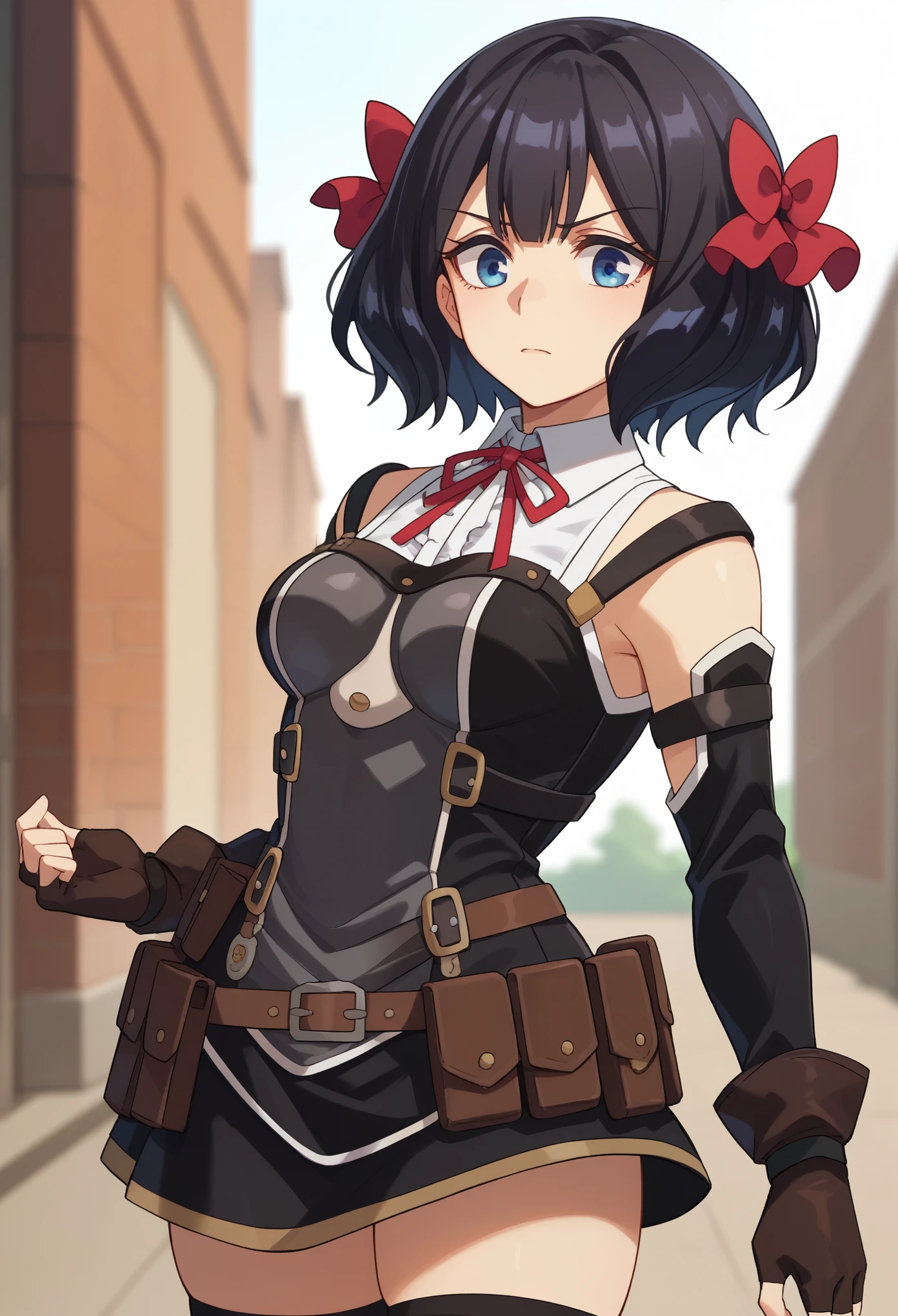 TinoShade medium hair, black hair, blue eyes, hair bow, red bow white shirt, collared shirt, neck ribbon, red ribbon, harness, grey dress, black dress, detached sleeves, brown gloves, fingerless gloves, brown belt, belt pouch, black thighhighs
