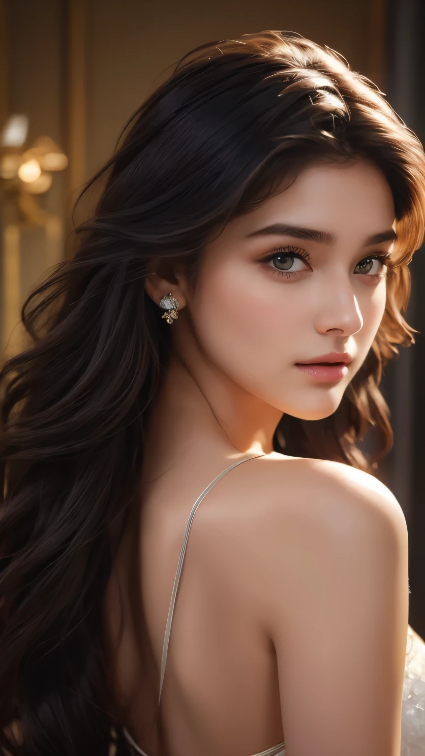 An ethereal, breathtaking illustration of an 18-year-old age girl with very fair skin. Her glossy lips are full and pouty, contrasting beautifully against her alabaster complexion. Her long, shining hair cascades down her back in perfect curls, each strand meticulously rendered with a level of detail that almost defies belief. Her eyes are the focal point of the image, piercing through the viewer with a depth and clarity that seems to reach beyond the confines of the canvas. Every detail of her face is exquisite: high cheekbones, a perfect nose, and flawless skin that glows with an inner radiance., (face like Trisha), full body shot