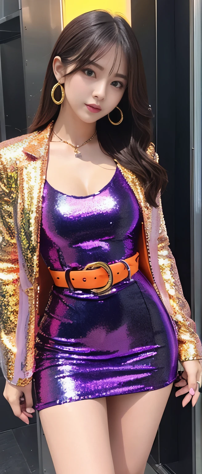 Cute Teen Idol Girl、whole body、Good style、、、、、、、、、、Thick legs、Shiny tight shorts uniform(Jacket、Shiny Pink、shiny purple、gold、、)、、Cool girl face、、Metallic Belt
