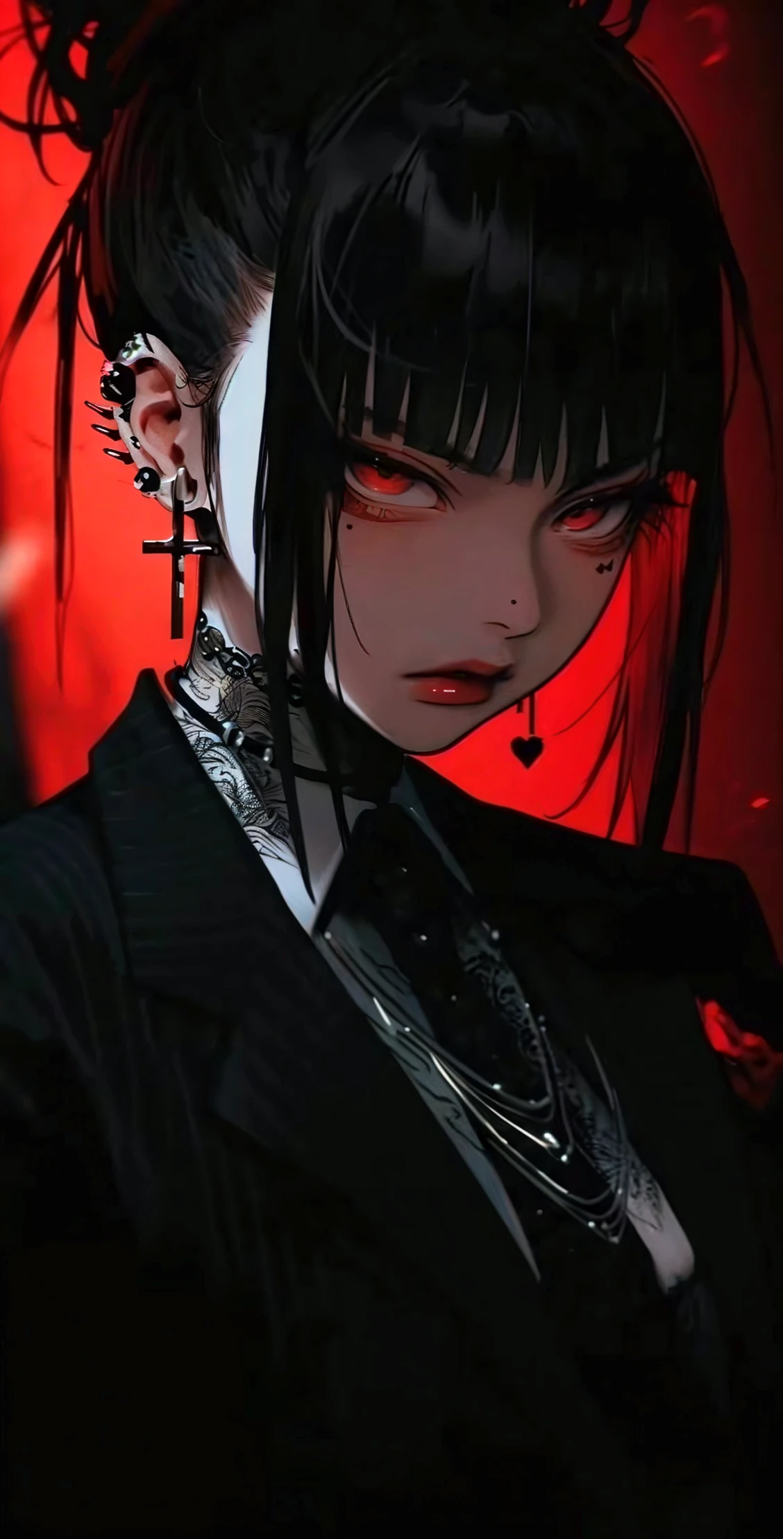 1girl, red background, bangs, long black hair, red background, red eyes, bow, earrings, (jewelry:1.3), looking at viewer, makeup, (neck tattoo:1.3), piercing, messy hair, solo, (tattoo:1.3), ((dark_background:1.5))