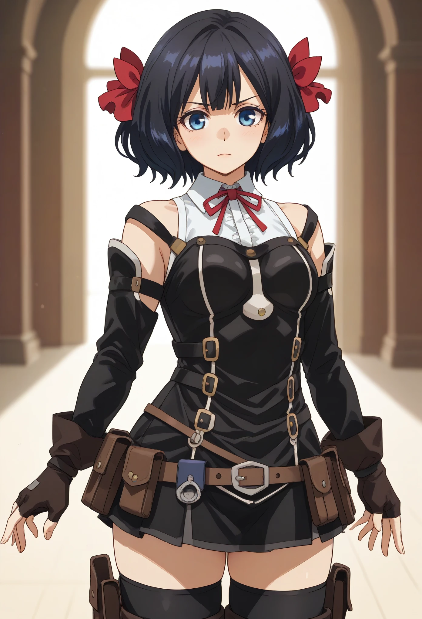 TinoShade medium hair, black hair, blue eyes, hair bow, red bow white shirt, collared shirt, neck ribbon, red ribbon, harness, grey dress, black dress, detached sleeves, brown gloves, fingerless gloves, brown belt, belt pouch, black thighhighs
