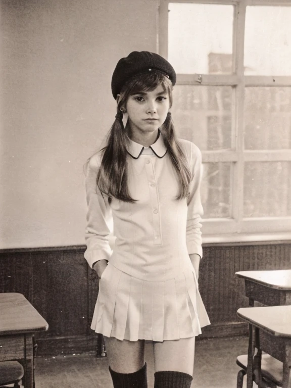 1 nice girl, from above, teen soviet school uniform:1.5, 3/4 photo, face focus, natural light, tomboy, skinny, thin, slim, lean, slender, nubile, (white knee socks), bottes, standing in classroom, beautiful realistic circle face, boyish stature, black and white photo, photo grain