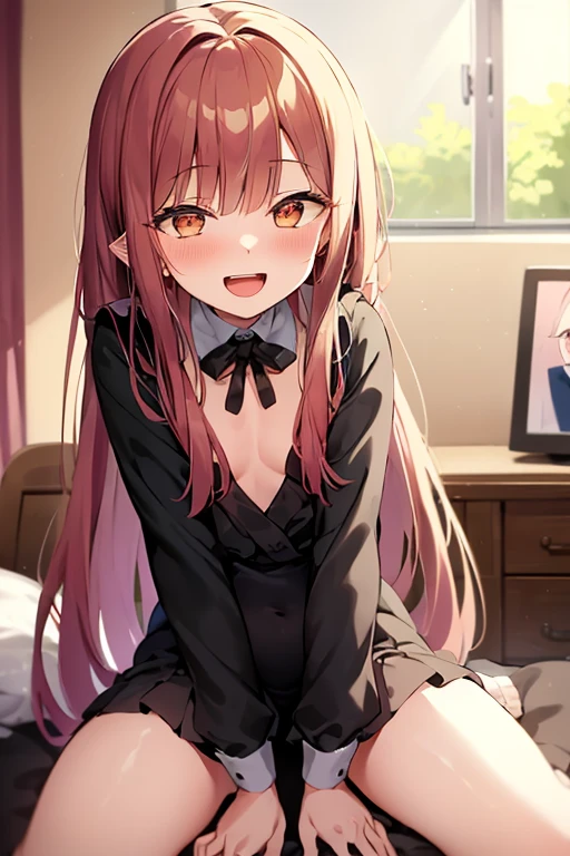 ((Best Quality)), ((masterpiece)), (be familiar with), Perfect Face, indoor, bedroom, Watching the audience,
One woman, Kitagawa Marin,
Open Mouth, Ecstatic expression, blush, smile,
Small breasts, Flat Chest, , , child, Girl,
Long Hair, Long Hair,
Leg spread,