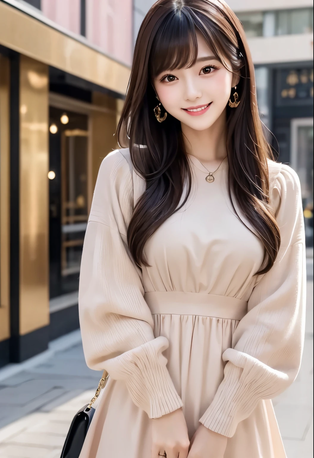 masterpiece、Highest quality、whole body、One Girl、bangs、Japanese、Black Hair Long Hair、brown、Long sleeve、dress、smile、alone、Stylish woman、pastel colored outfits、front、Luxury background elements、Confident expression、Modern and trendy、Fashion focus
