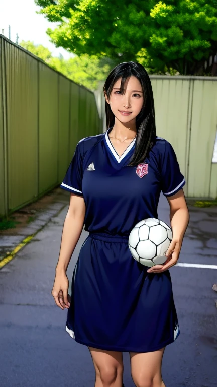 Soccer Ground、Japanese woman dribbling a soccer ball、Long legs、Black Hair、Wearing the Niwan representative uniform、Position: FW>