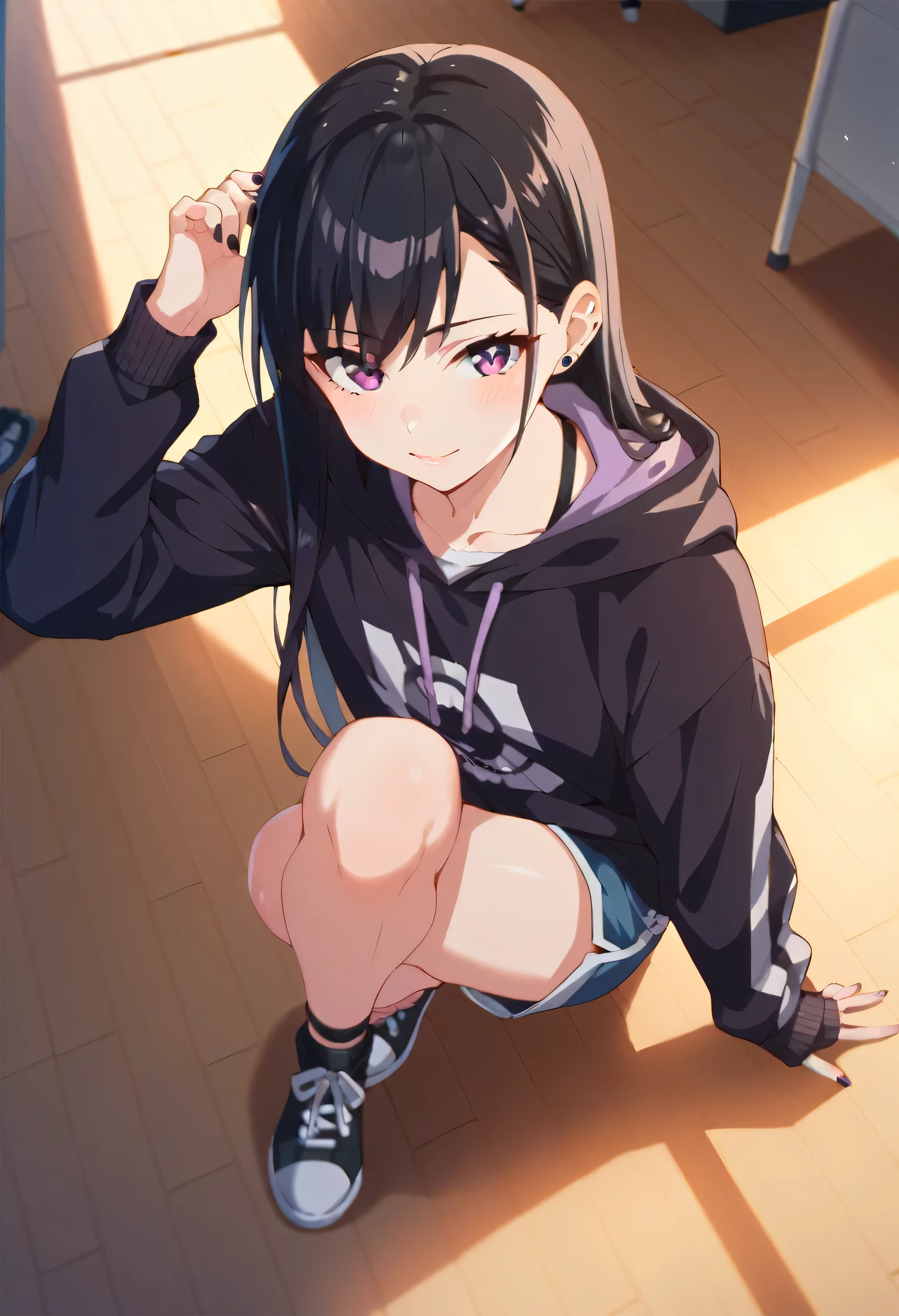 Anime girl with black hair and purple tips wearing black clothes girl
