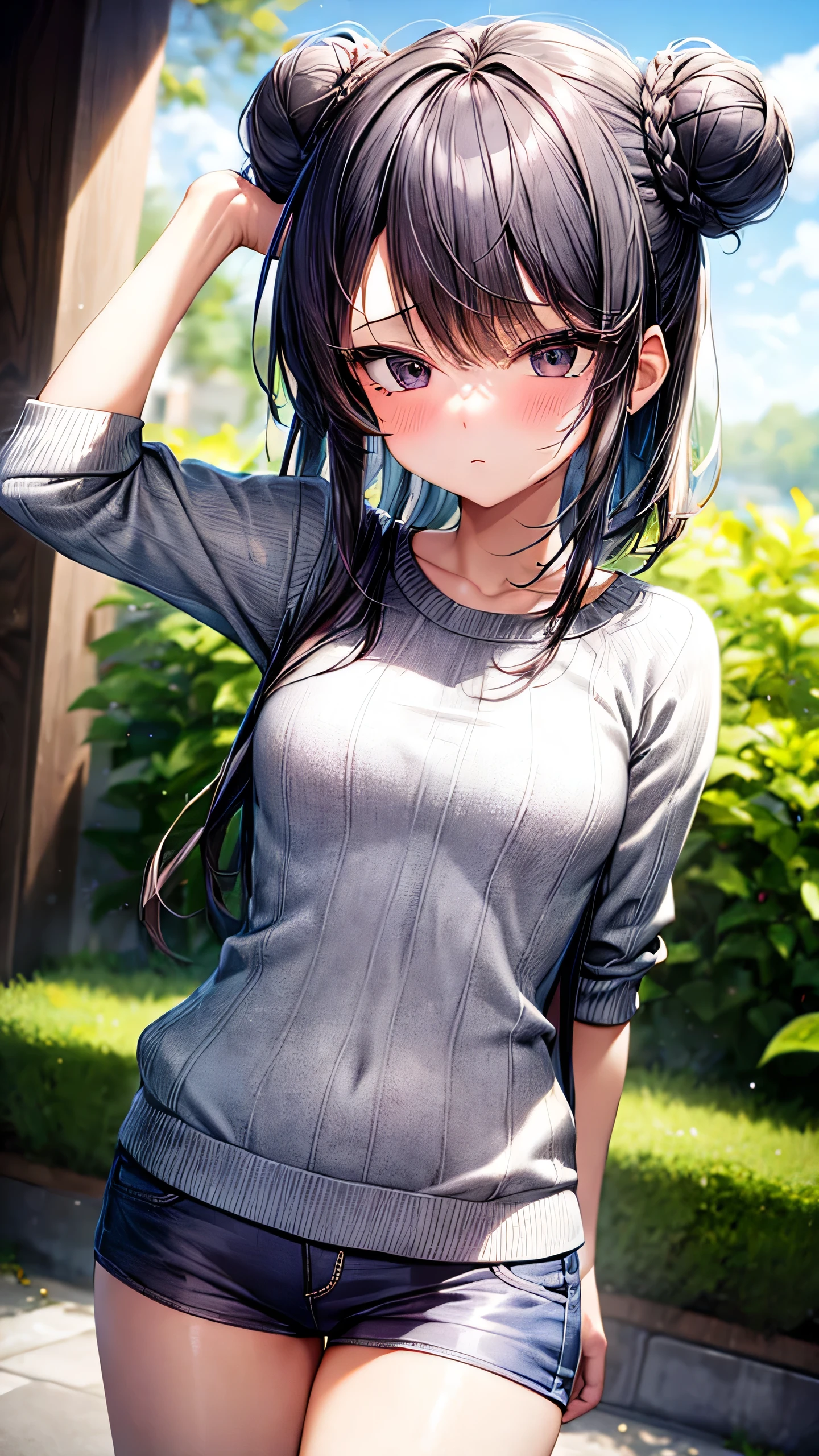 1girl, bun hair, slightly blushing cheeks, short pants, slim distressed knitted mini dress, black hair color mixed with dark blue, frown, looking at the viewer, add_detail:1