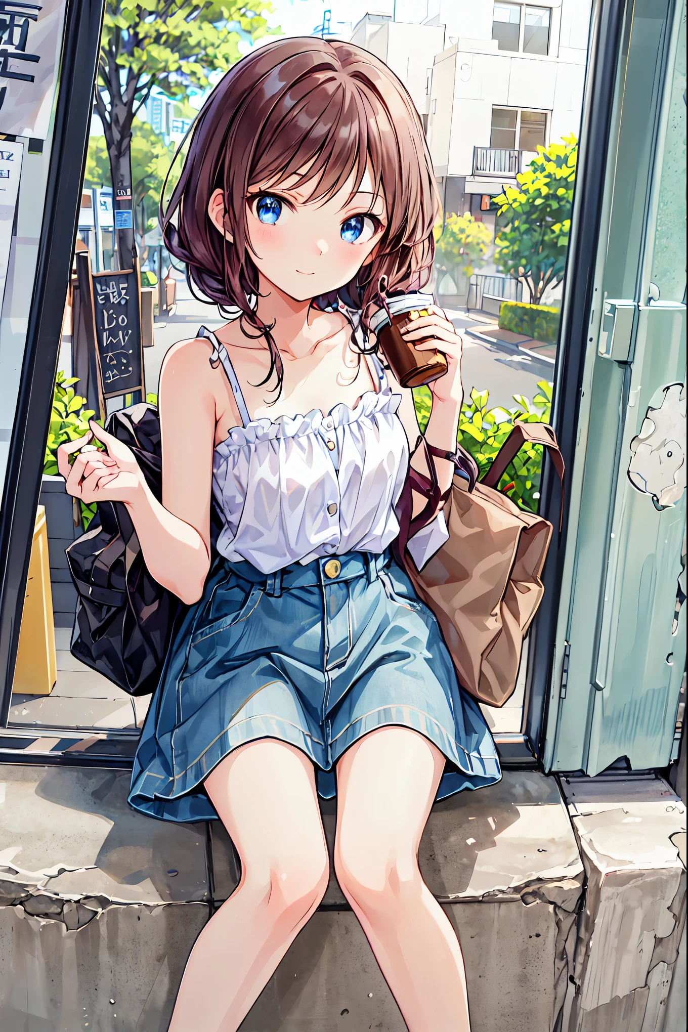 There is a young girl holding a cup of coffee in her hand., Pretty girl - well-groomed face, Cute natural anime face, Cute - Well-balanced - Face, Sakimi-chan, Chiho, Yoshitomo Nara, Young and pretty face, camisole,Trendy clothes, Wearing the latest fashion,Brown Hairで大きな目, Cute Cute Girl, Beautiful bright big eyes,Brown Hair,Shortcuts,Messy Hair,Short braided hair,Neat,Slender beauty,A dignified posture,Small chest,Beautiful feet,Her captivating grey-blue eyes shine like stars,Vibrant colors,Beautiful Eyes,A delicate smile,Textured Skin,The best quality at its best,A kind and beautiful woman,Anime Style、