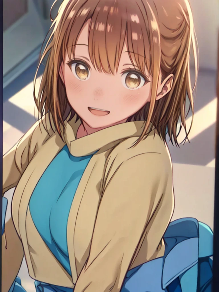 One Girl, bangs, Blue Skirt, Brown eyes, Brown Hair, Light blue jacket、Yellow clothes、Big Breasts、smile、Open your mouth a little、Upper Body、