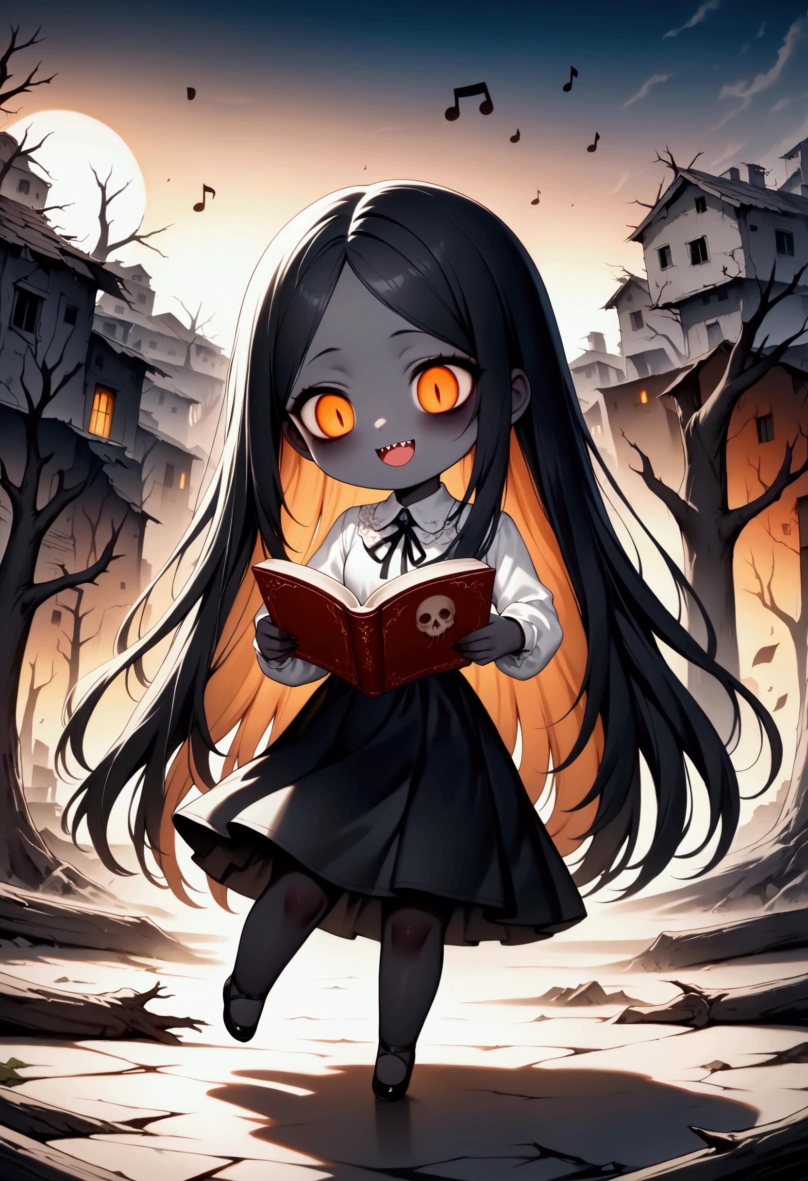 dark filter,,(solo:1.8),1girl\(devil girl,open mouth,sharp teeth,looking down, black long hair,string tie,open forehead, (beautiful straight hair:1.6),[bangs:2.0],[wave hair:2.0],orange eyes,(orange sclera:1.2),cute,(reading book), (smile:1.2),(colorful) music notes,(dancing:1.3),white shirts,(black dress:1.5),(pure black skin:1.3),(chibi:1.3),slim,big eyes,looging up\), background\((dead trees:1.3),(ruined town in distance:1.4), cute horror fantasy, disney-style horror, effects,oil painting style, traditional media, realistic,(horror mood:1.3), BREAK ,quality\(masterpiece, best quality,8k,wallpaper of extremely detailed CG unit, high resolution, top-quality, top-quality real texture skin, hyper realistic, increase the resolution, RAW photos, best quality, highly detailed, the wallpaper,golden ratio,high saturation realism, vibrant colors, dramatic lighting, persuasive storytelling, atmospheric scenery, captivating visuals, intricate details, strong emotions,dreamlike world\),