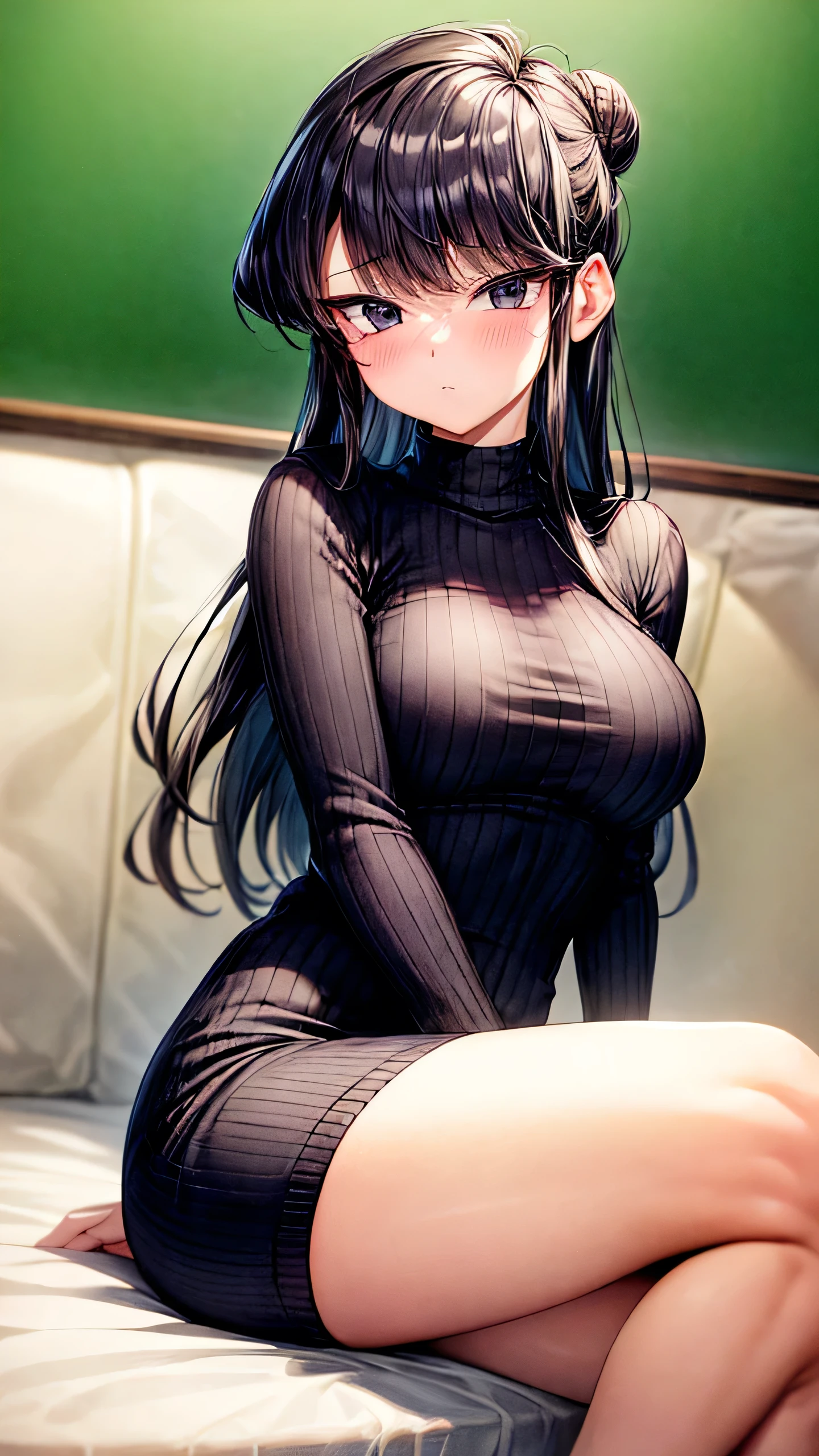 1girl, Komi Shouko, 18y, bun hair, slightly blushing cheeks, short pants, slim distressed knitted mini dress, black hair color mixed with dark blue, frown, looking at the viewer, add_detail:1