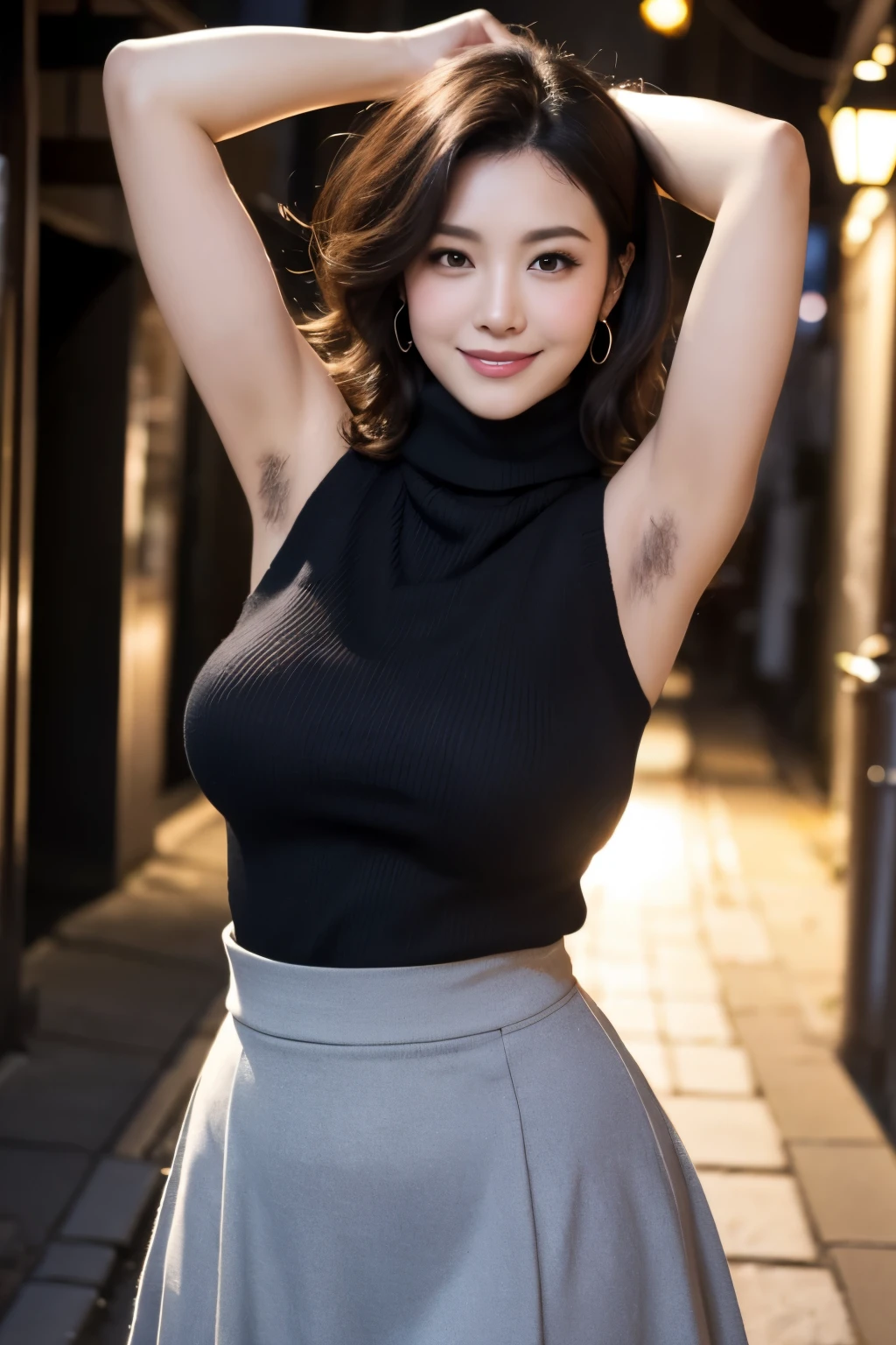 black medium hair,wavy hair,face focus,,close up,,saggy and gigantic breasts,happy smile,(turtleneck sleeveless knit sweater),2,left arm up,(armpit hair),thick upper arm,standing in back alley,offstreet,(,curvy body:1.3),tulle long red skirt,seductive and mature woman,beautiful and adult face,japanese woman,at night,dark light,