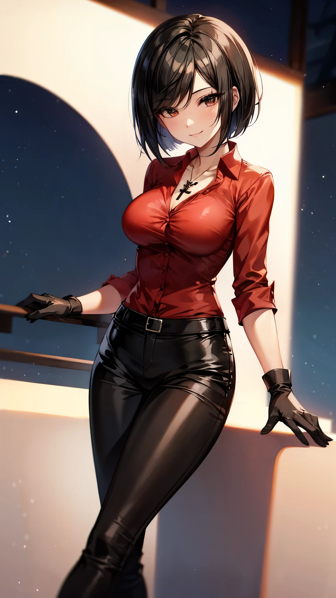 （super high quality,Ultra-high resolution,16k,super masterpiece,Ultra HD ,Detailed shading,）One sexy mature woman,Short black hair with side-swept bangs,Red shirt suit with unbuttoned half sleeves,Cross Necklace,Black long gloves,Tight black pants,Black long boots,smile,Night view