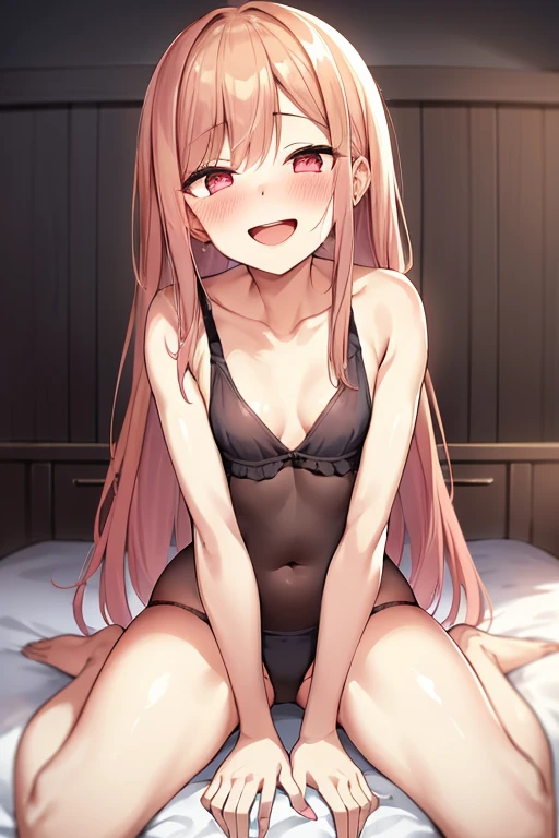 ((Best Quality)), ((masterpiece)), (be familiar with), Perfect Face, indoor, bedroom, Watching the audience,
One woman, Kitagawa Marin,
Open Mouth, Ecstatic expression, blush, smile,
Small breasts, Flat Chest, , , child, Girl,
Long Hair, Long Hair,
Leg spread,