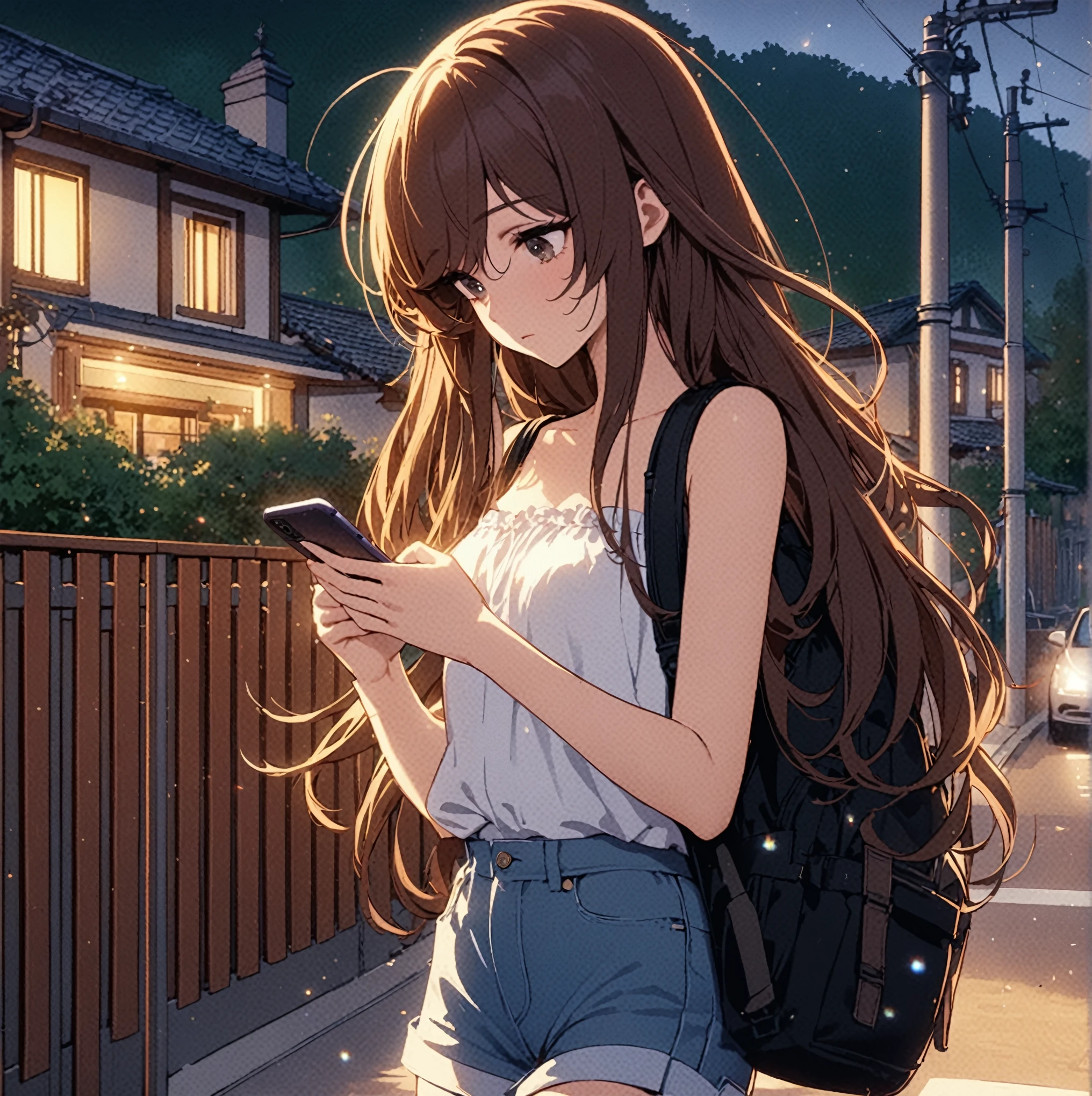 Anime girl with long brown hair and backpack looking at her phone ...