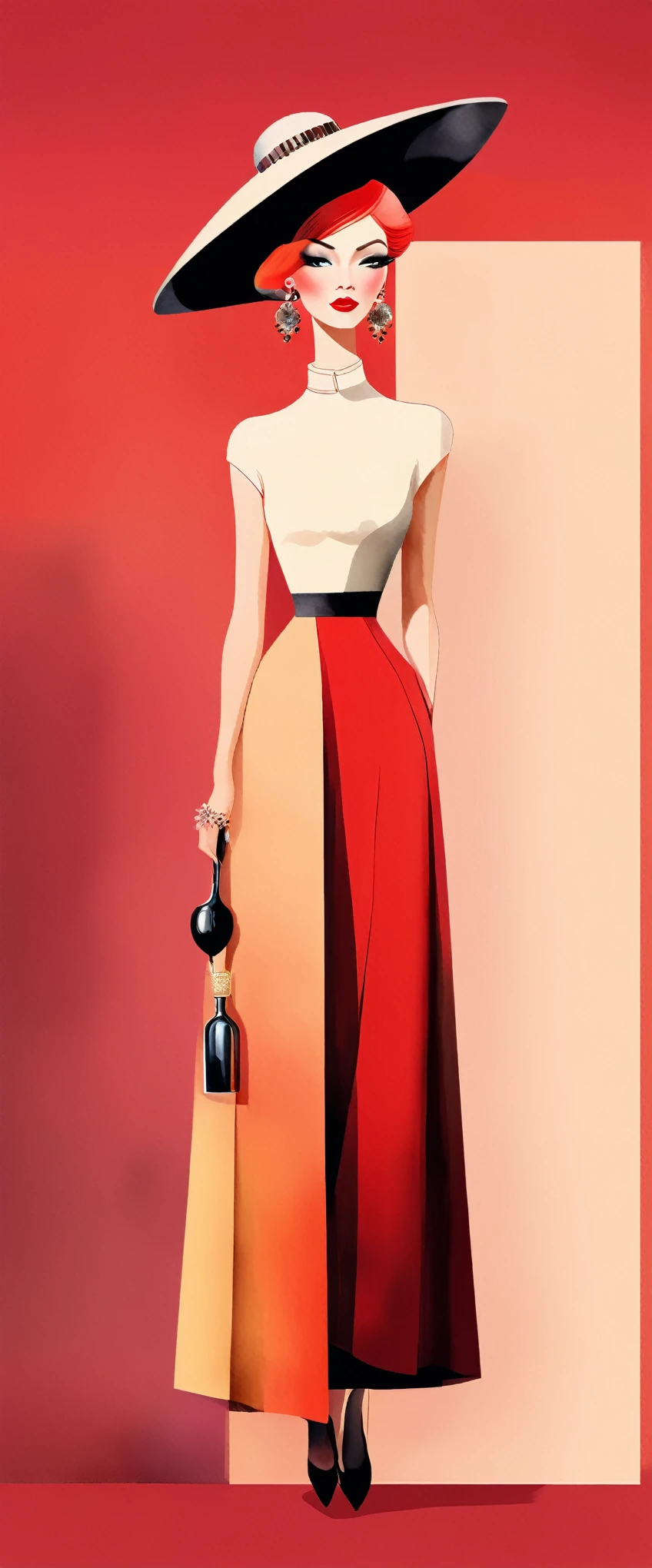 (plano general, full body, The best quality, Minimalist digital illustration of a background of various harmonious watercolor colors:1.2), realistic, illustrator, 1 elegant and sensual girl, fancy hat, Earrings, collar, elegant ornaments, detailed lips, modern sensual casual clothing without showing intimate parts, red wine color gradient background, pastel colors that are harmonious with each other, Neon hair, textured cutout, masterpiece, classic retro style, black style, European style, UHD, Retina, masterpiece, Accurate, Anatomically correct, textured skin, Super detail, high details, high quality, Award Winning, Best quality, highres, HD, 16K