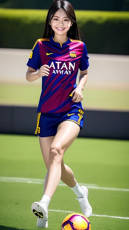 Soccer Ground、Japanese woman dribbling、Long legs、Black Hair、Wearing an FC Barcelona uniform、Position: FW、Smiling and enjoying soccer。Chasing a soccer ball
