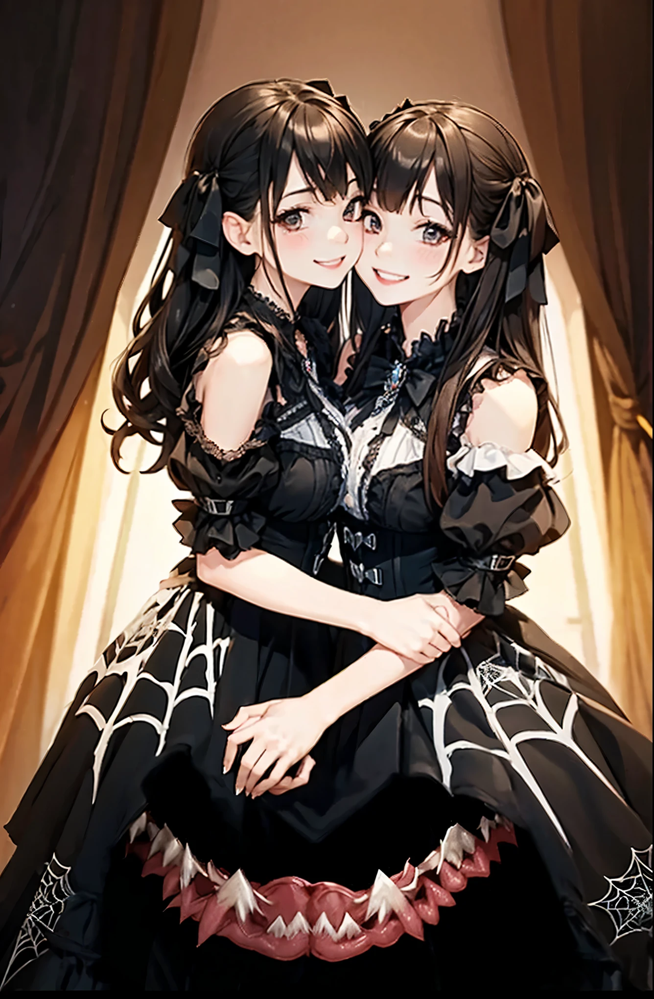 Twins. Holding hands. Nestle. Gothic costumes. Grinning. Evil Smile. Spider web motif dress. Bust-up.