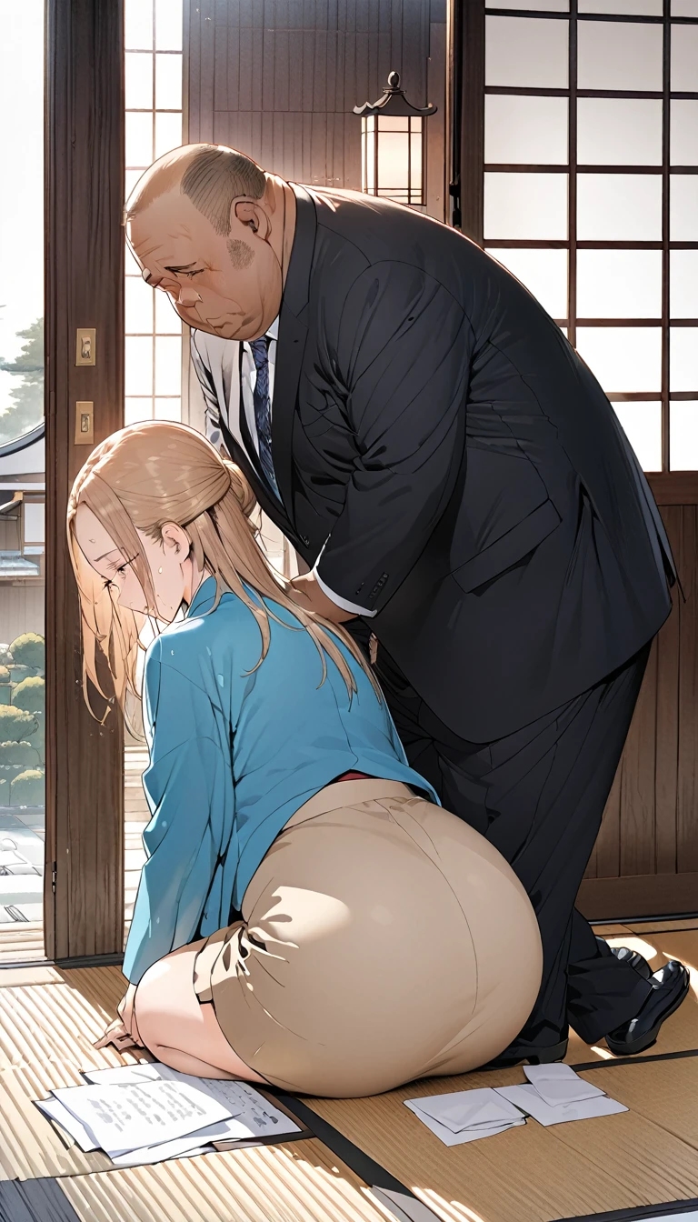 high quality, very detailed, a mature woman, She is on her knees apologizing, forehead resting on the floor, crying, side view, in front of a fat man, at the entrance of a Japanese house, a paper bag next to it, woman in formal wear, big ass.