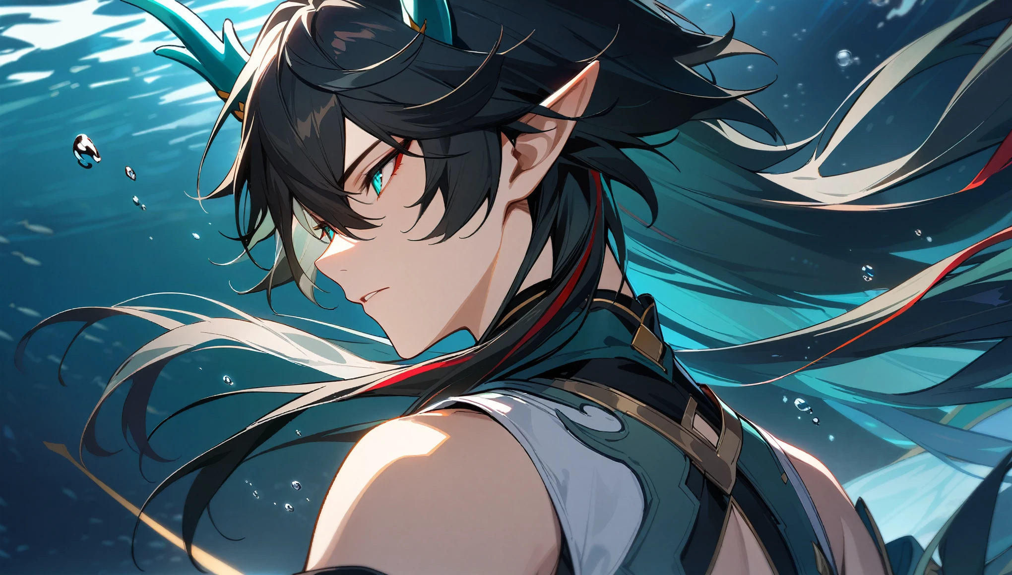 1boy, dan heng, imbibitor lunae, dan heng IL, honkai star rail, elf ears, long hair, black hair, horns, underwater, dark green background, hd eyes, close up, dynamic angle, facing left, bare shoulders, (beautiful and aesthetic:1. 5), best quality, high quality,  super detail, best quality, ultra-detailed,dynamic lighting, HD,