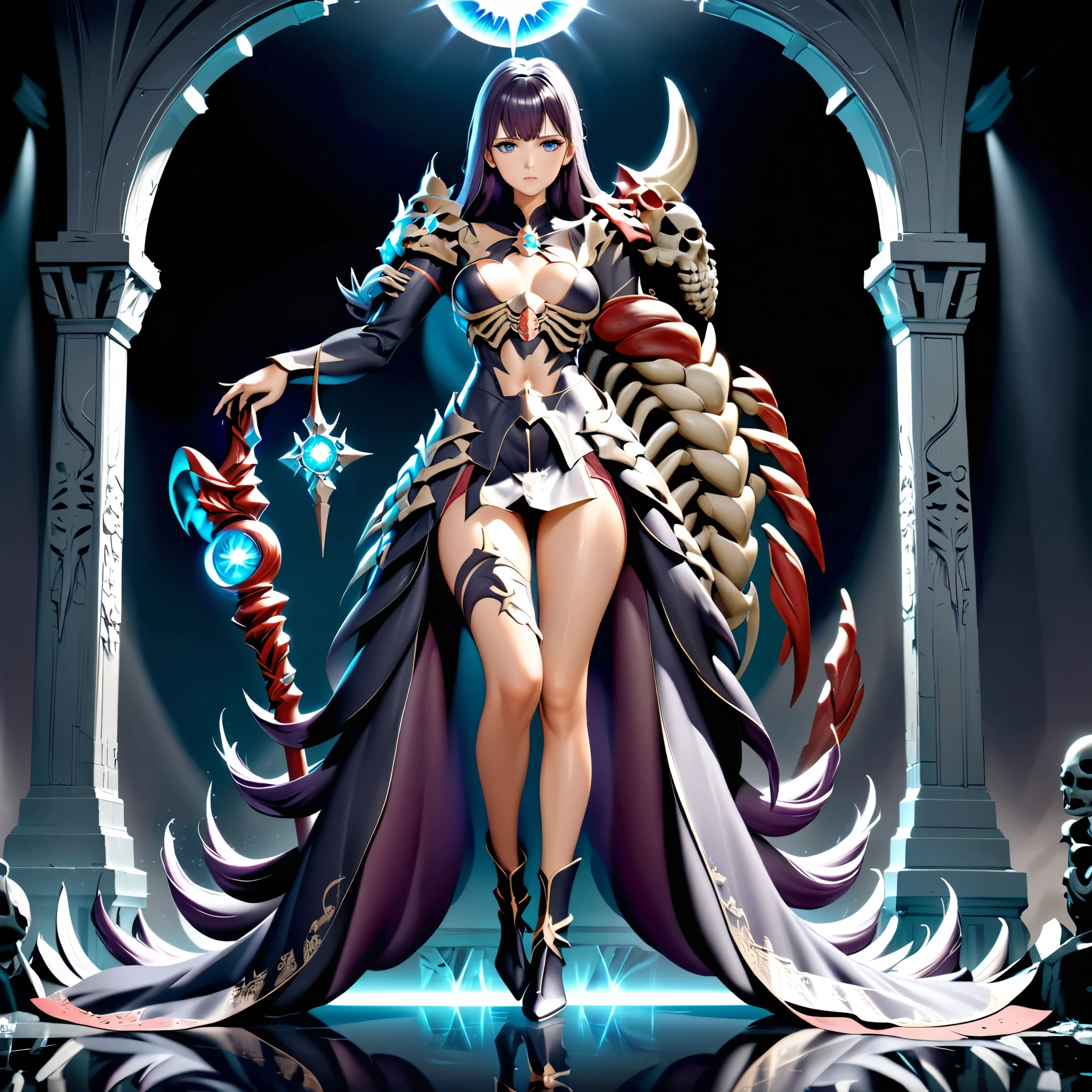 Masterpiece, 4k, HDR, full HD, (best quality), (ultra detailed), (only), (extremely delicate and beautiful fabric), super complex ANIME TYPE, best quality, 1girl, very expressive eyes, deep purple hair , hyper beautiful face, purple hair, perfect anatomy, shiny, oily skin, full body, alone (shiny purple hair, long hair), looking at viewer, bright blue eyes, perfect hands, perfect legs, super detailed clothes, intricate clothes, In a shadowy RPG world, a necromancer girl stands among ancient tombs, dressed in a black robe adorned with arcane symbols. Her dark hair falls over her shoulders, while her eyes shine with an unearthly radiance. With a grimoire in one hand and a staff in the other, she channels dark energy. Around her, skeletal warriors rise from the earth, answering her call. The atmosphere is cold, the sky covered by black clouds that rotate slowly, reflecting the power it controls. Her expression is serene yet dangerous, controlling the fine line between life and death, while summoning forces beyond mortal understanding.